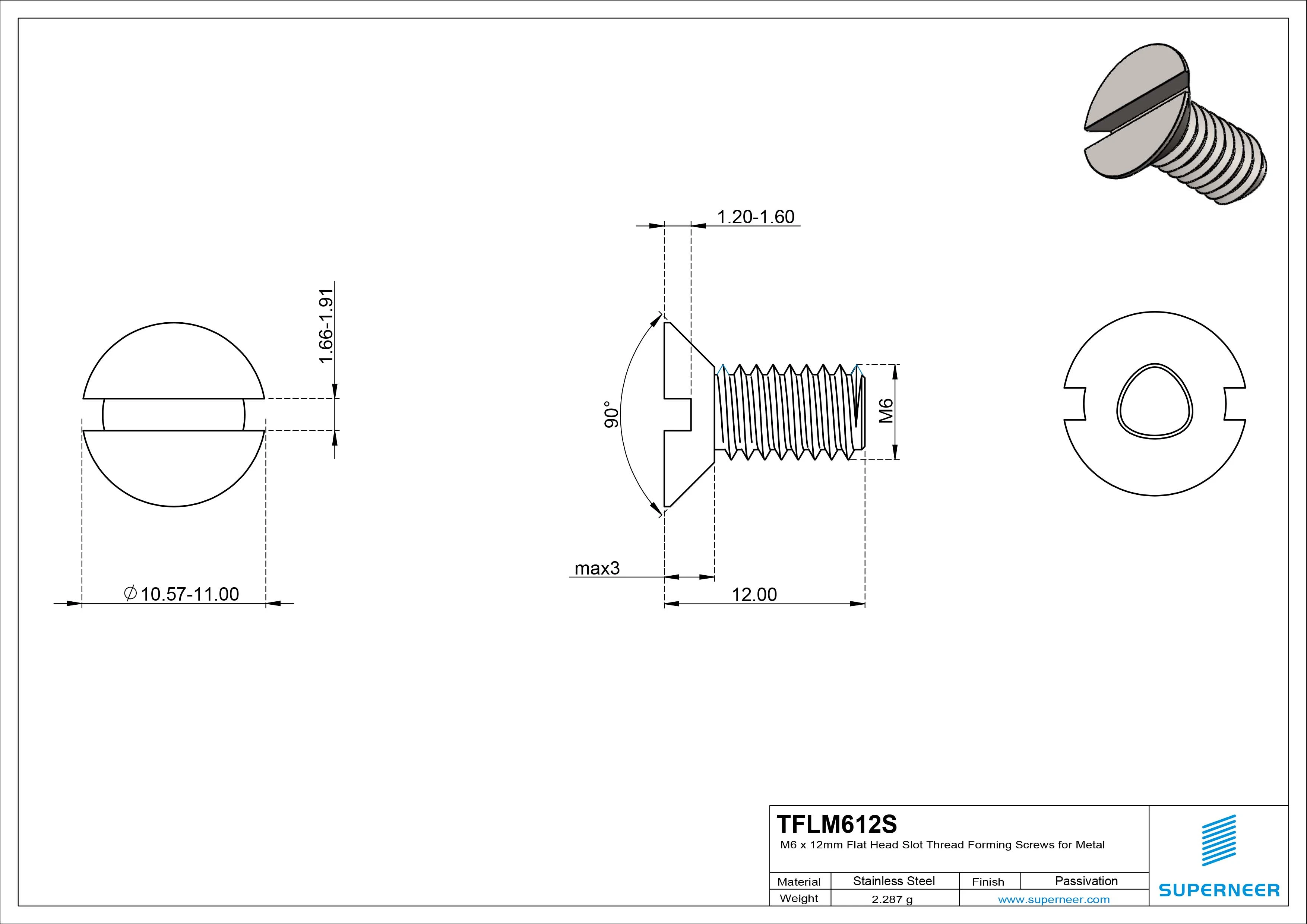 M6 × 12mm Flat Head Slot Thread Forming Screws for Metal SUS304 Stainless Steel Inox