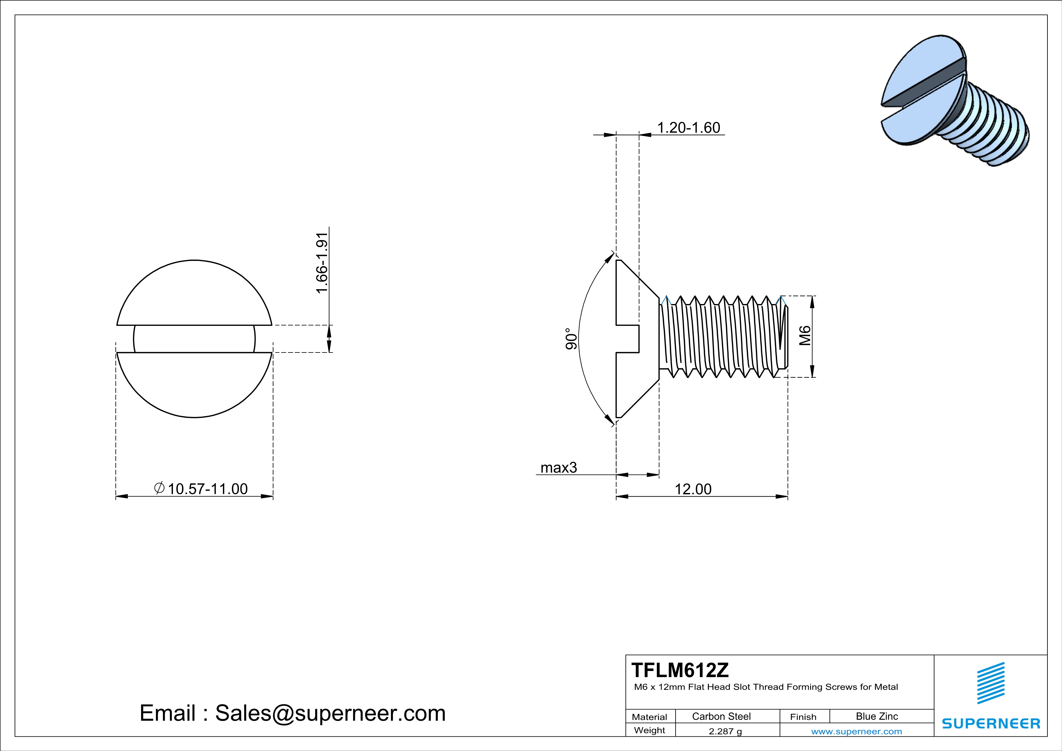 M6 × 12mm Flat Head Slot Thread Forming Screws for Metal Steel Blue Zinc Plated
