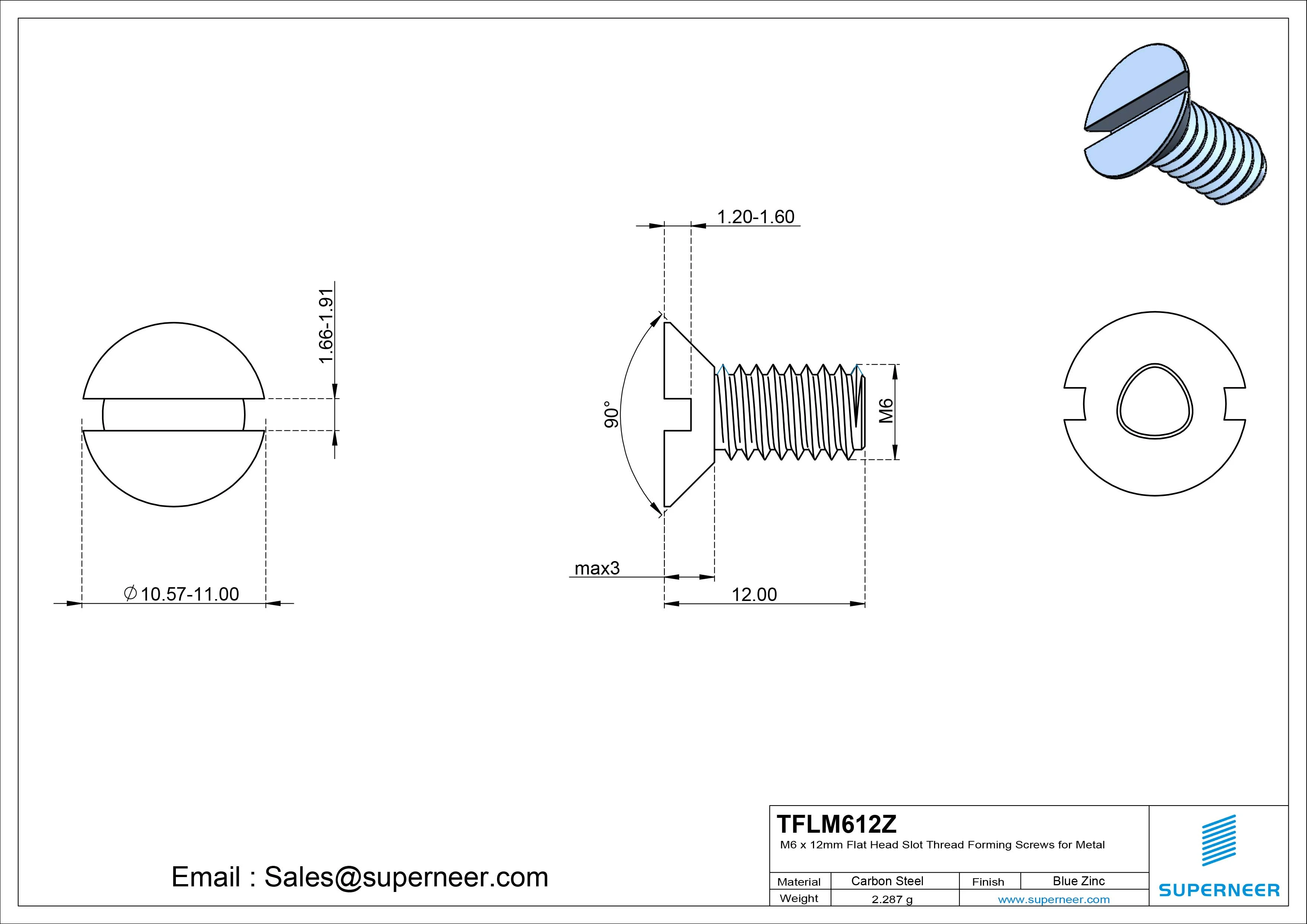 M6 × 12mm Flat Head Slot Thread Forming Screws for Metal Steel Blue Zinc Plated