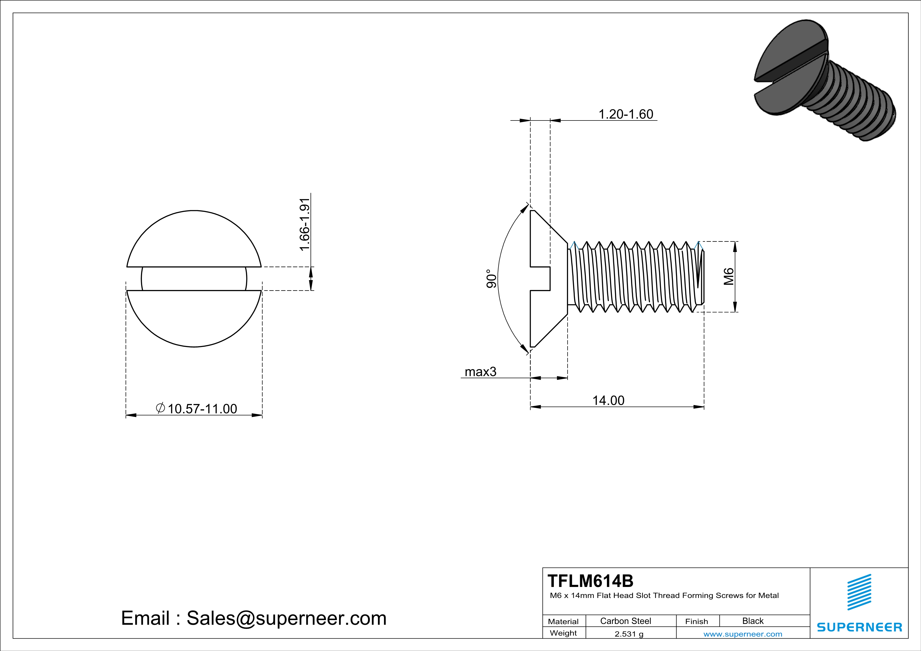 M6 × 14mm Flat Head Slot Thread Forming Screws for Metal Steel Black