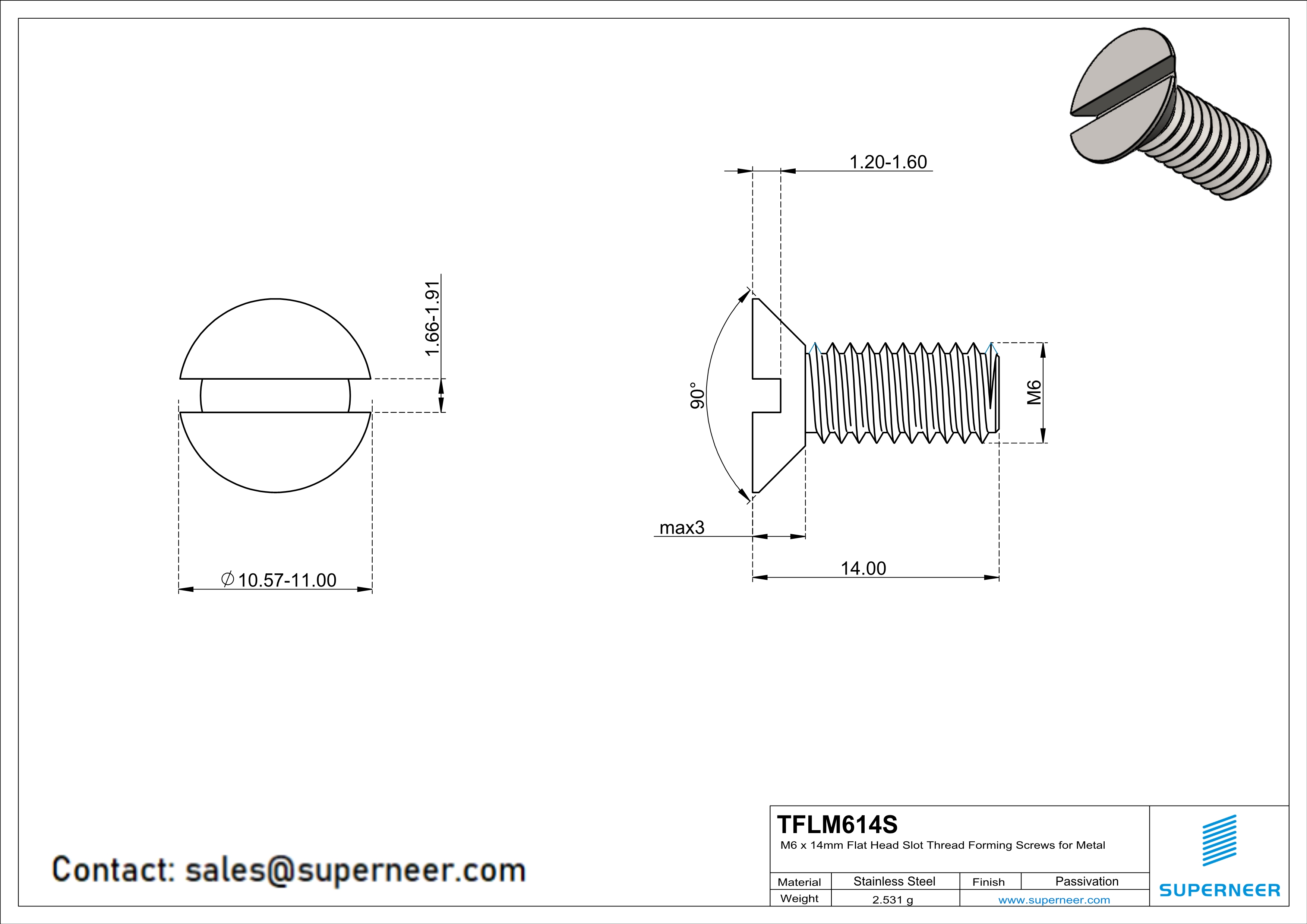 M6 × 14mm Flat Head Slot Thread Forming Screws for Metal SUS304 Stainless Steel Inox