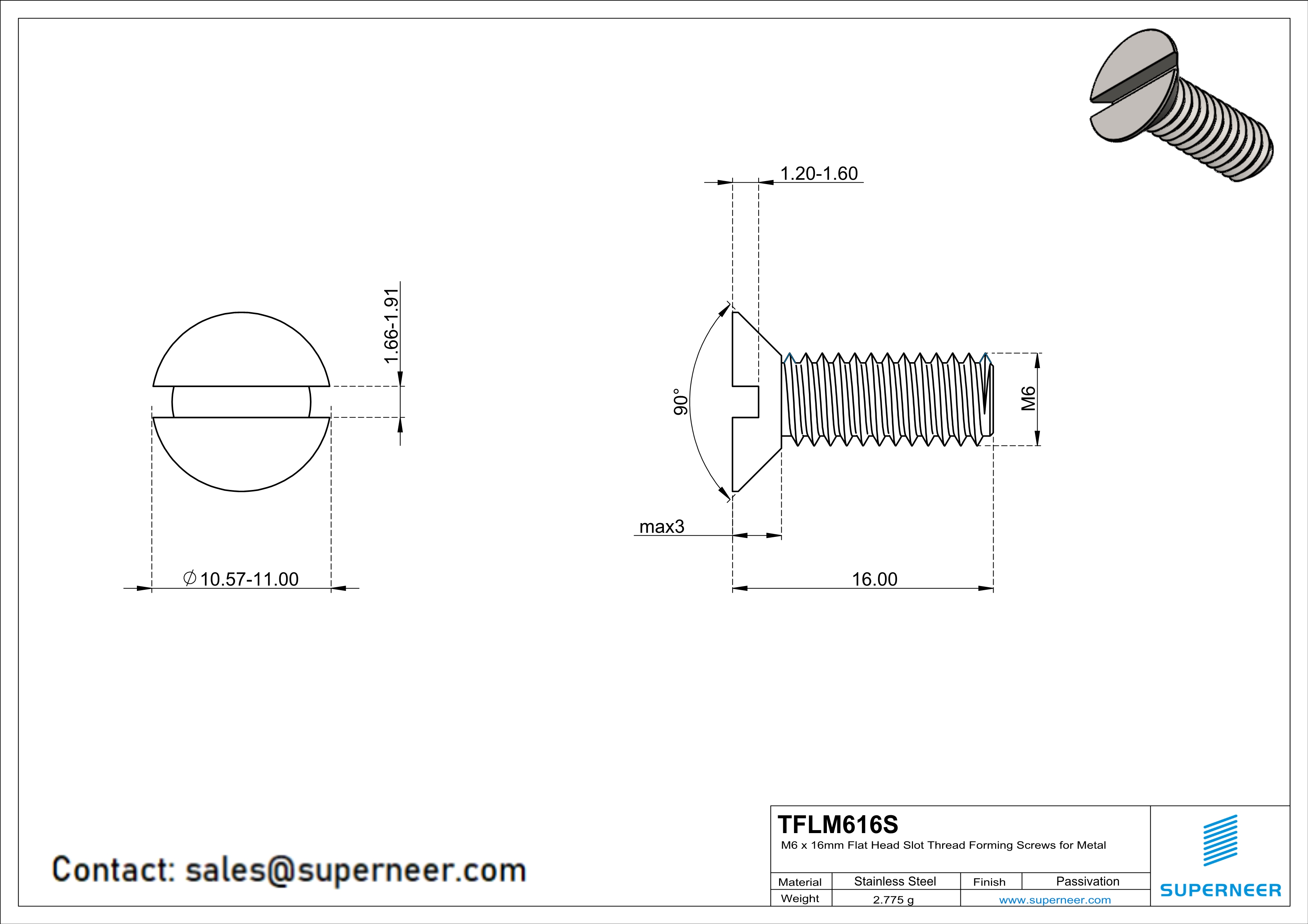 M6 × 16mm Flat Head Slot Thread Forming Screws for Metal SUS304 Stainless Steel Inox