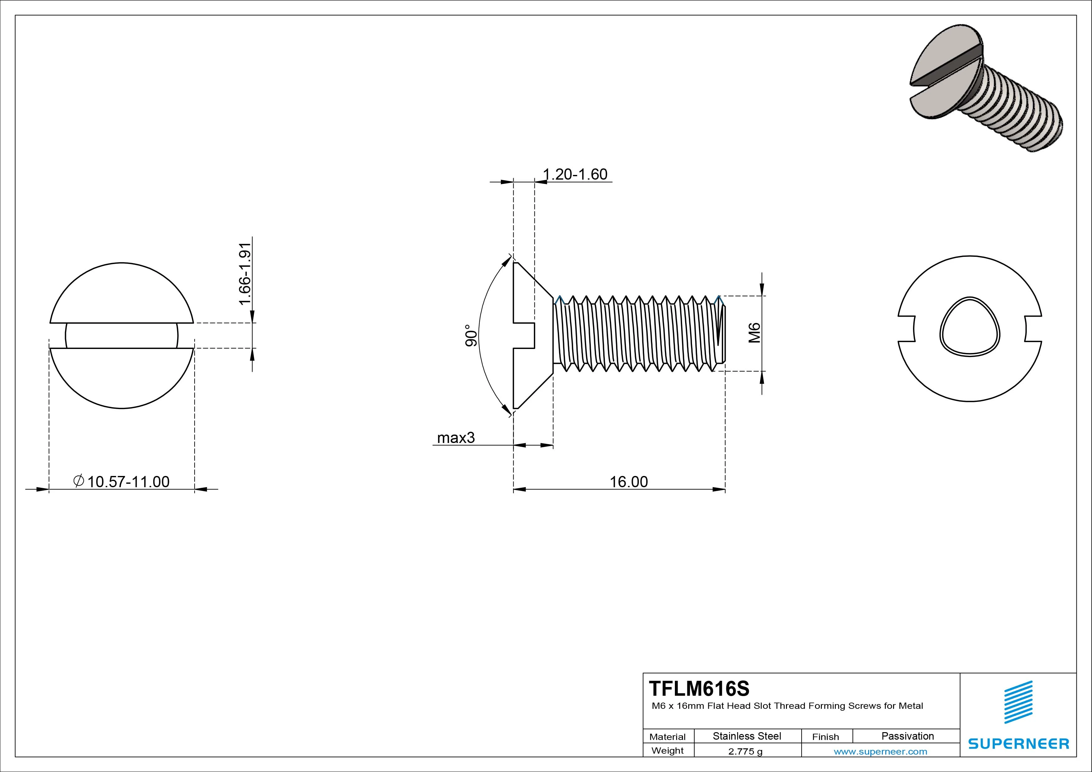 M6 × 16mm Flat Head Slot Thread Forming Screws for Metal SUS304 Stainless Steel Inox