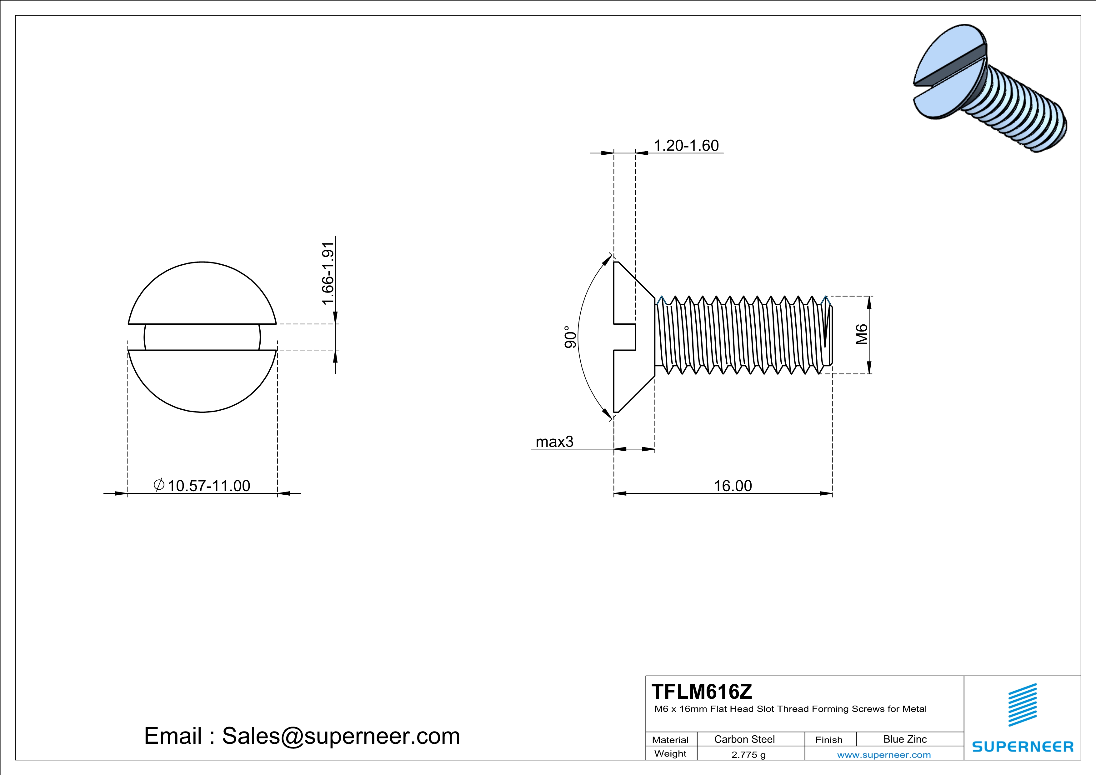 M6 × 16mm Flat Head Slot Thread Forming Screws for Metal Steel Blue Zinc Plated