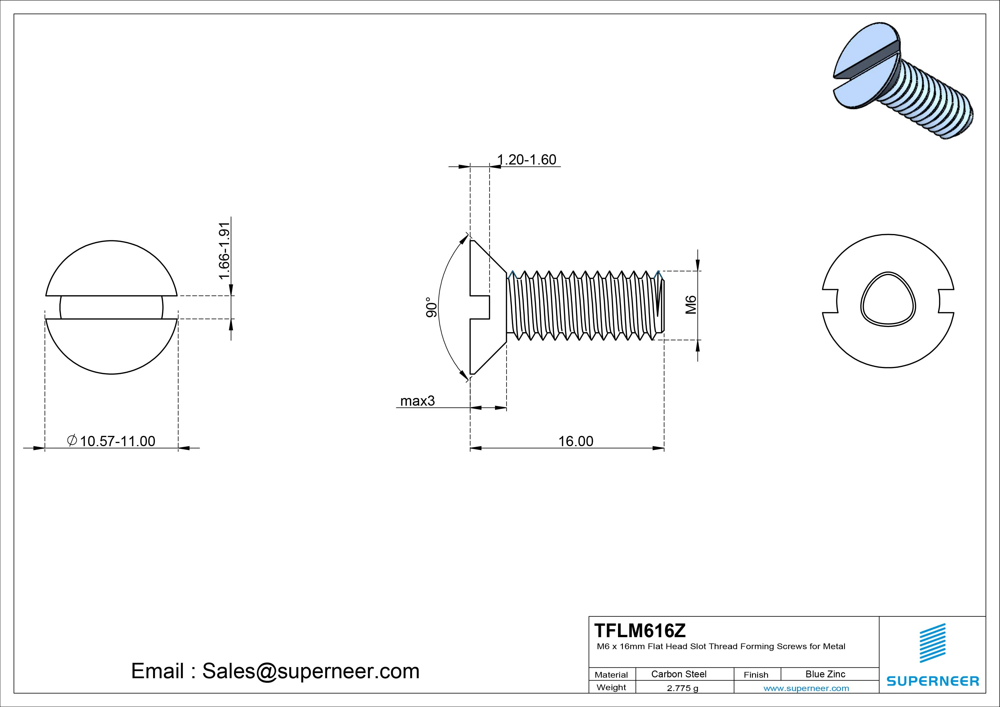 M6 × 16mm Flat Head Slot Thread Forming Screws for Metal Steel Blue Zinc Plated