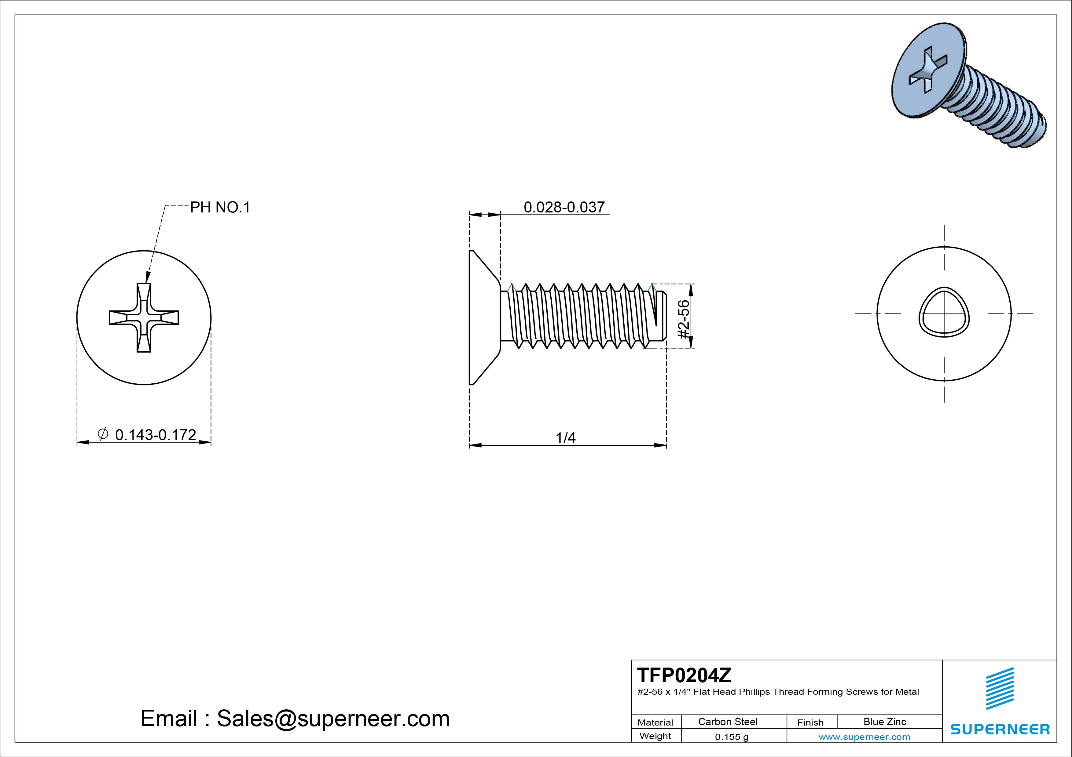 2-56 × 1/4 Flat Head Phillips Thread Forming  Screws for Metal  Steel Blue Zinc Plated