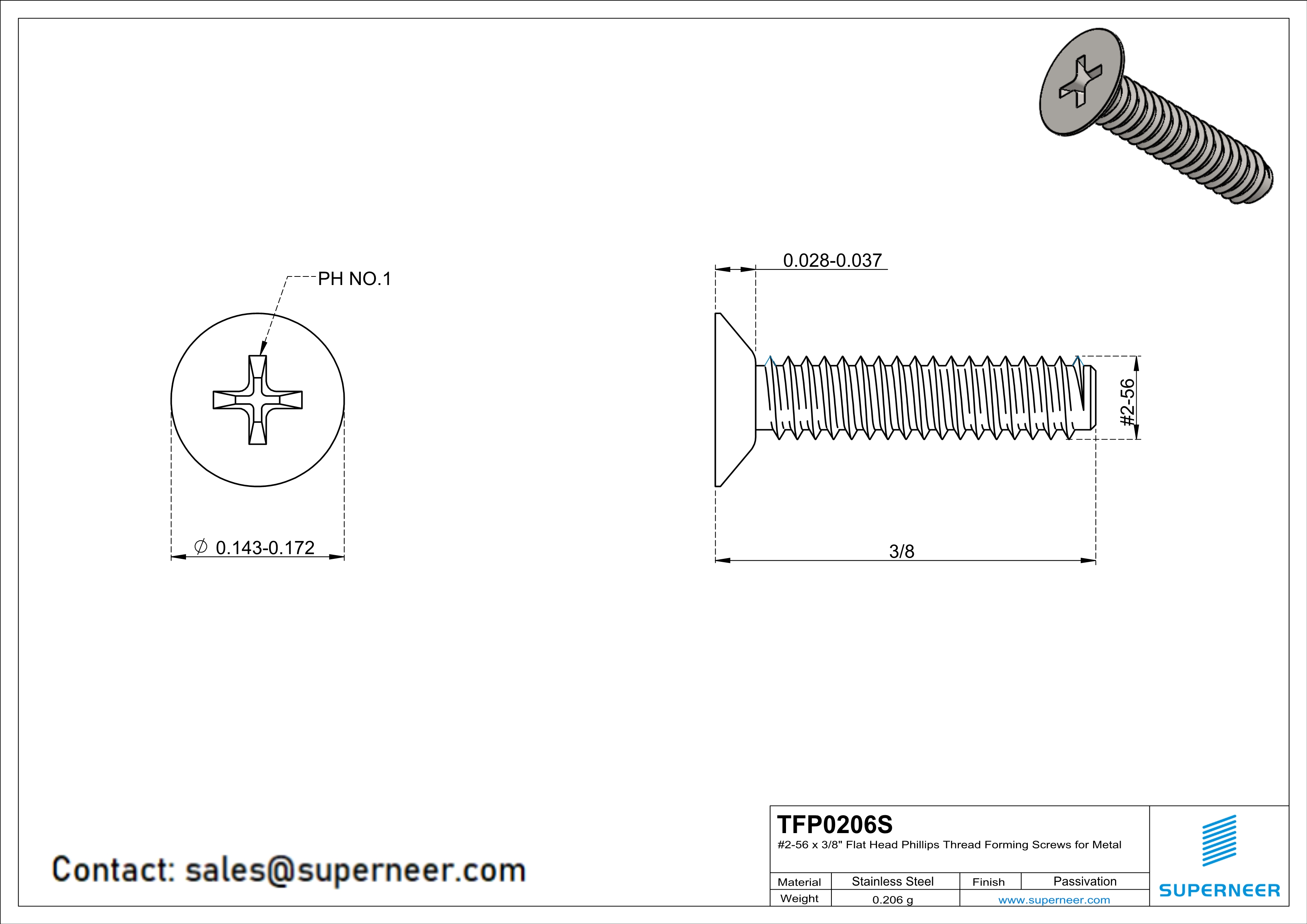 2-56 × 3/8 Flat Head Phillips Thread Forming  Screws for Metal  SUS304 Stainless Steel Inox