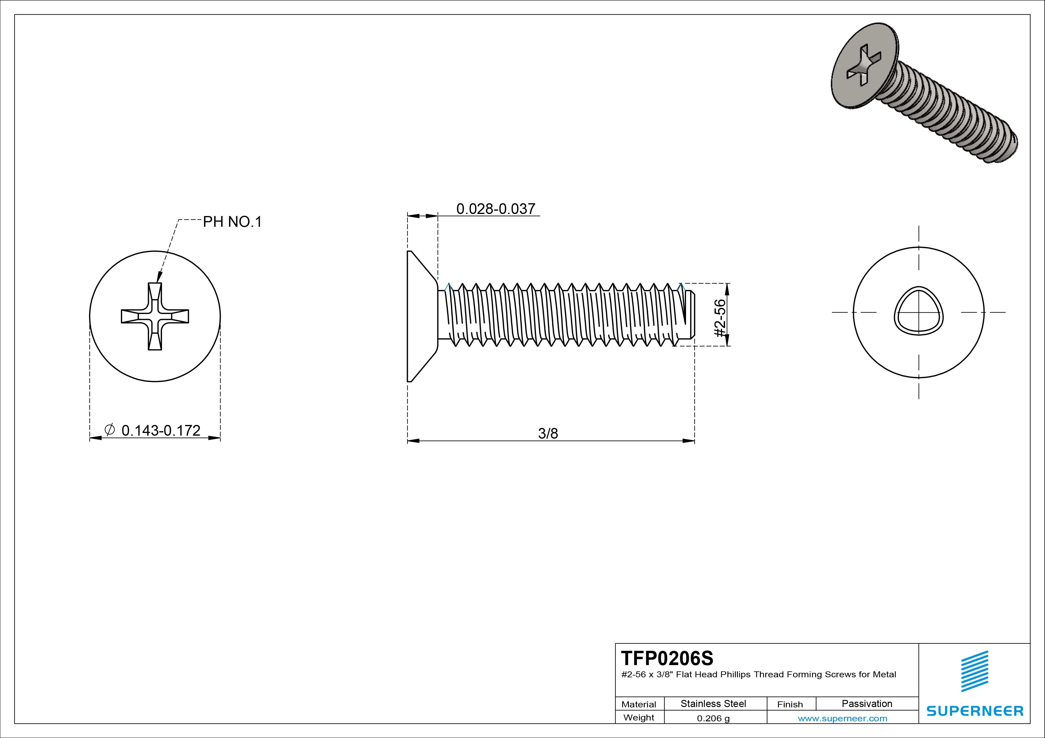 2-56 × 3/8 Flat Head Phillips Thread Forming  Screws for Metal  SUS304 Stainless Steel Inox