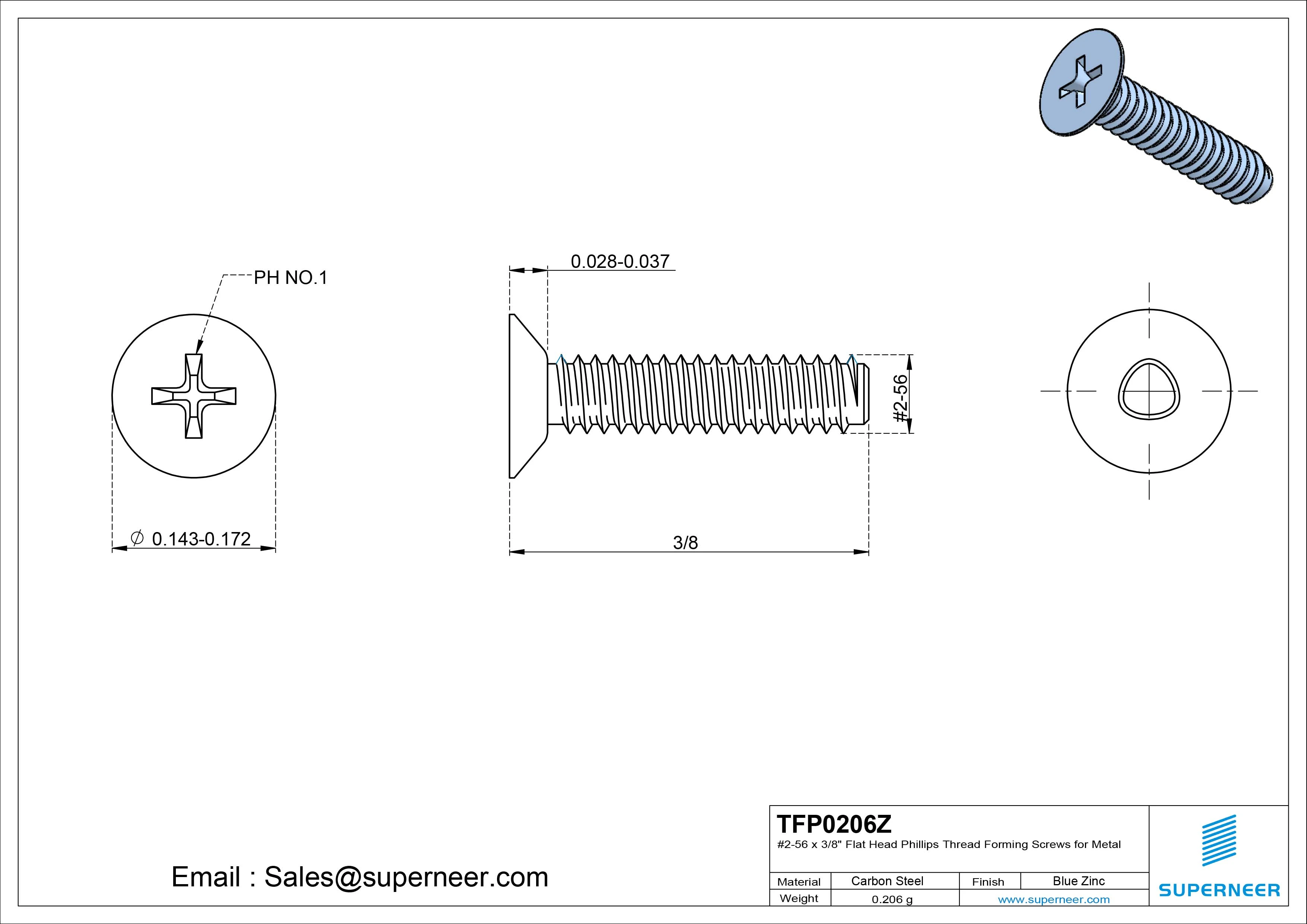 2-56 × 3/8 Flat Head Phillips Thread Forming  Screws for Metal  Steel Blue Zinc Plated