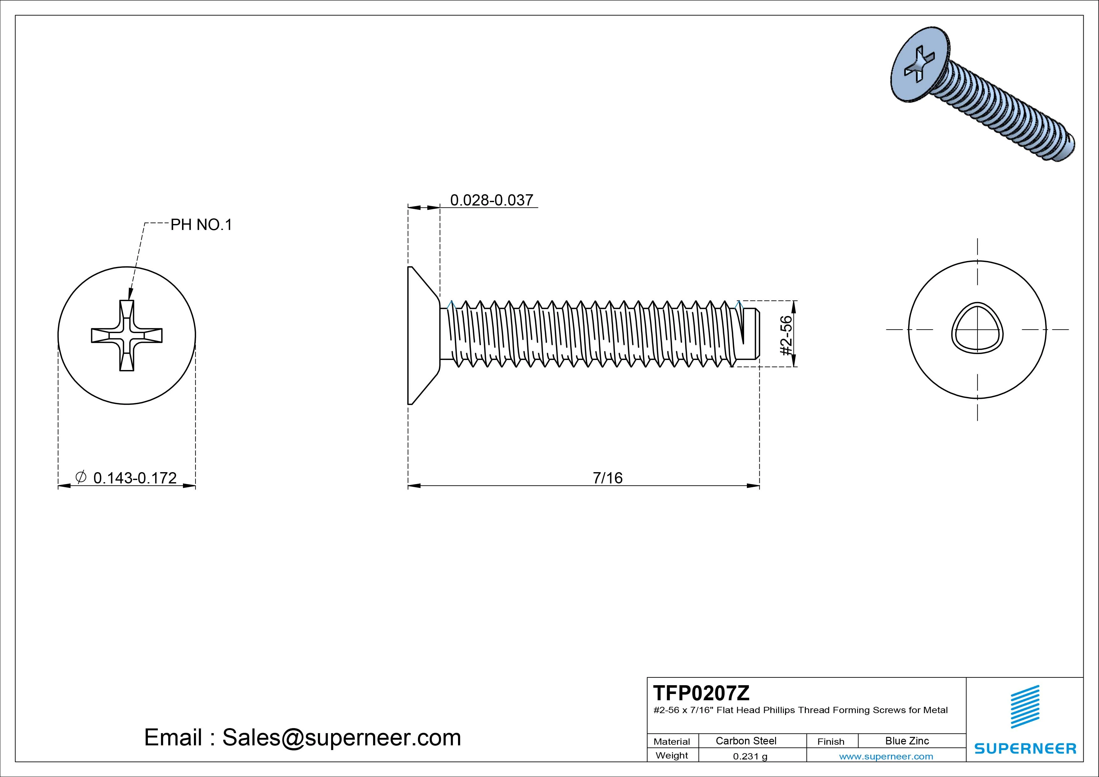 2-56 × 7/16 Flat Head Phillips Thread Forming  Screws for Metal  Steel Blue Zinc Plated