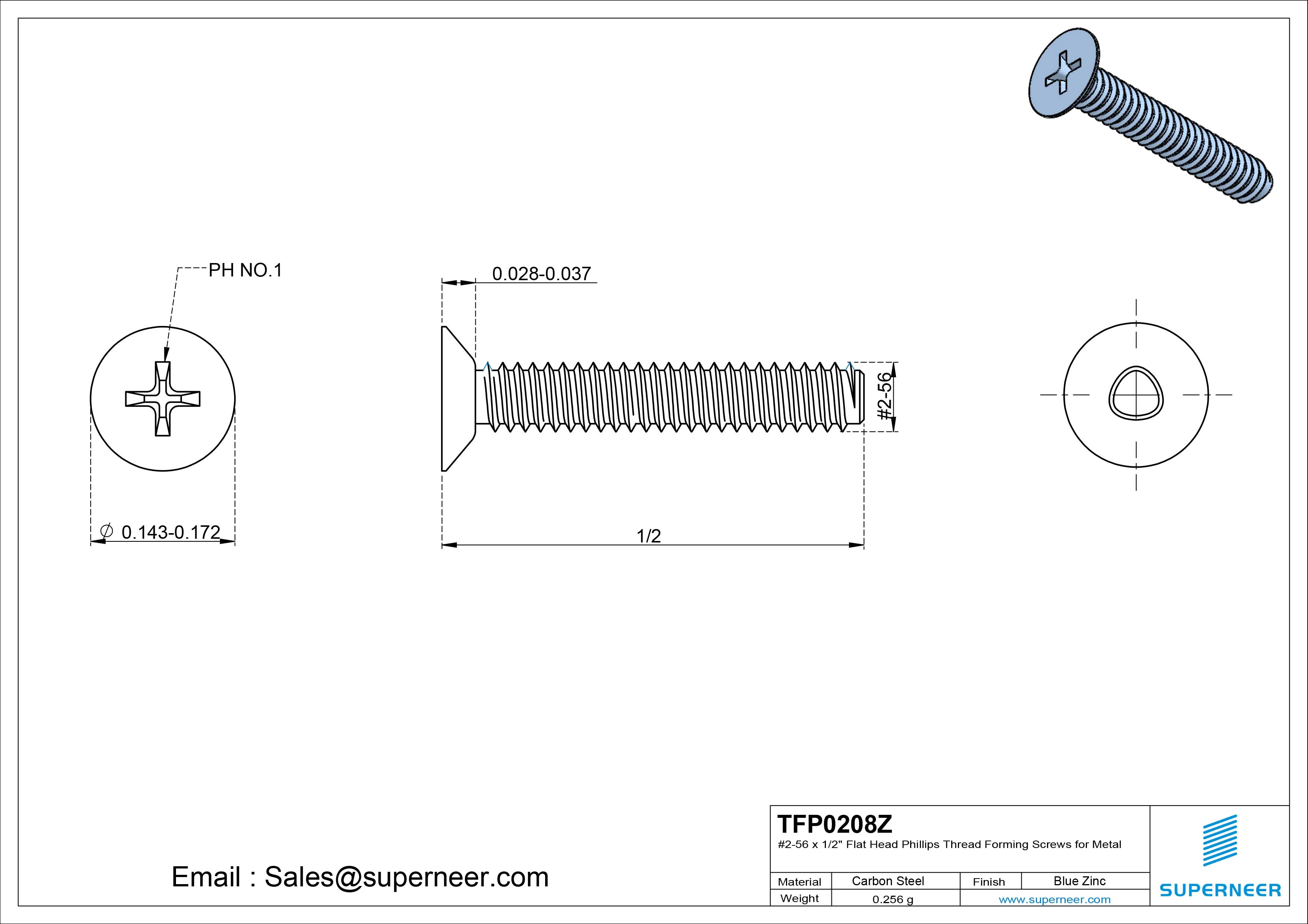 2-56 × 1/2 Flat Head Phillips Thread Forming  Screws for Metal  Steel Blue Zinc Plated