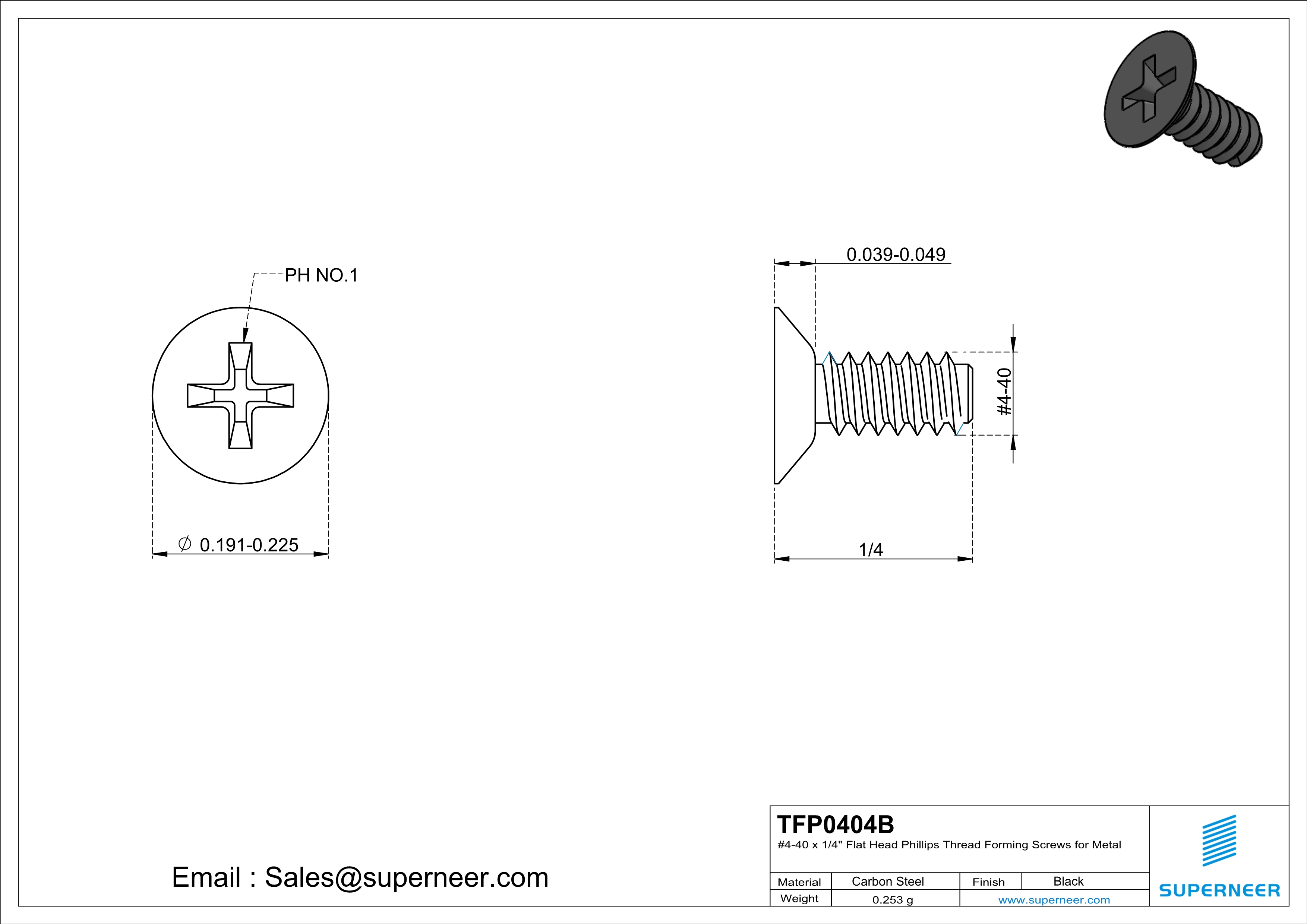 4-40 × 1/4 Flat Head Phillips Thread Forming  Screws for Metal  Steel Black