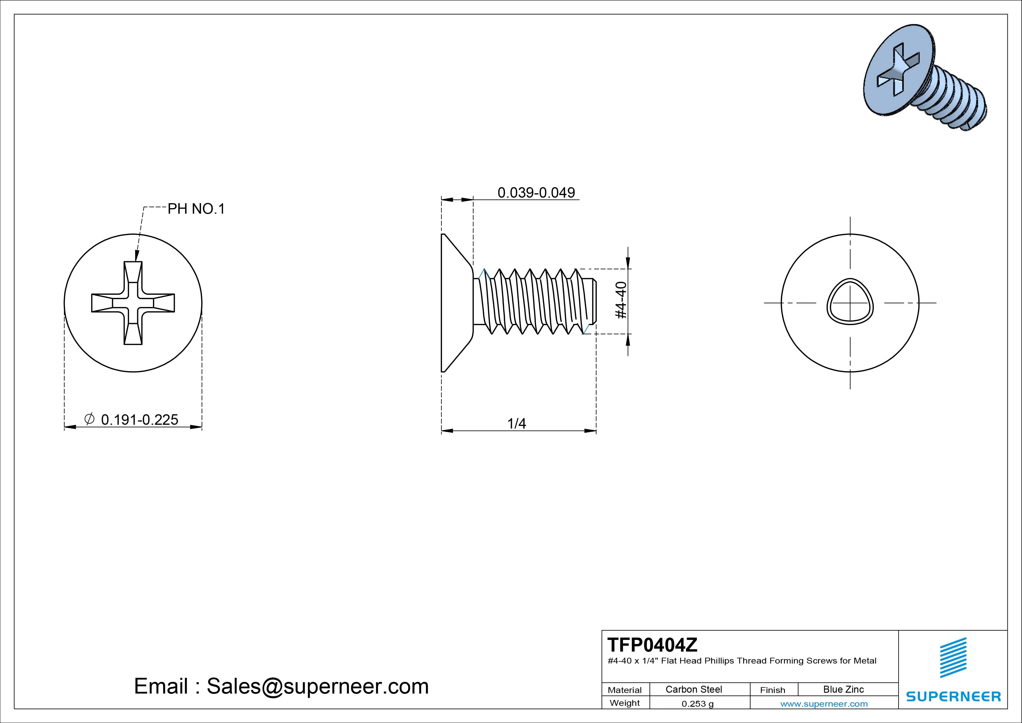 4-40 × 1/4 Flat Head Phillips Thread Forming  Screws for Metal  Steel Blue Zinc Plated