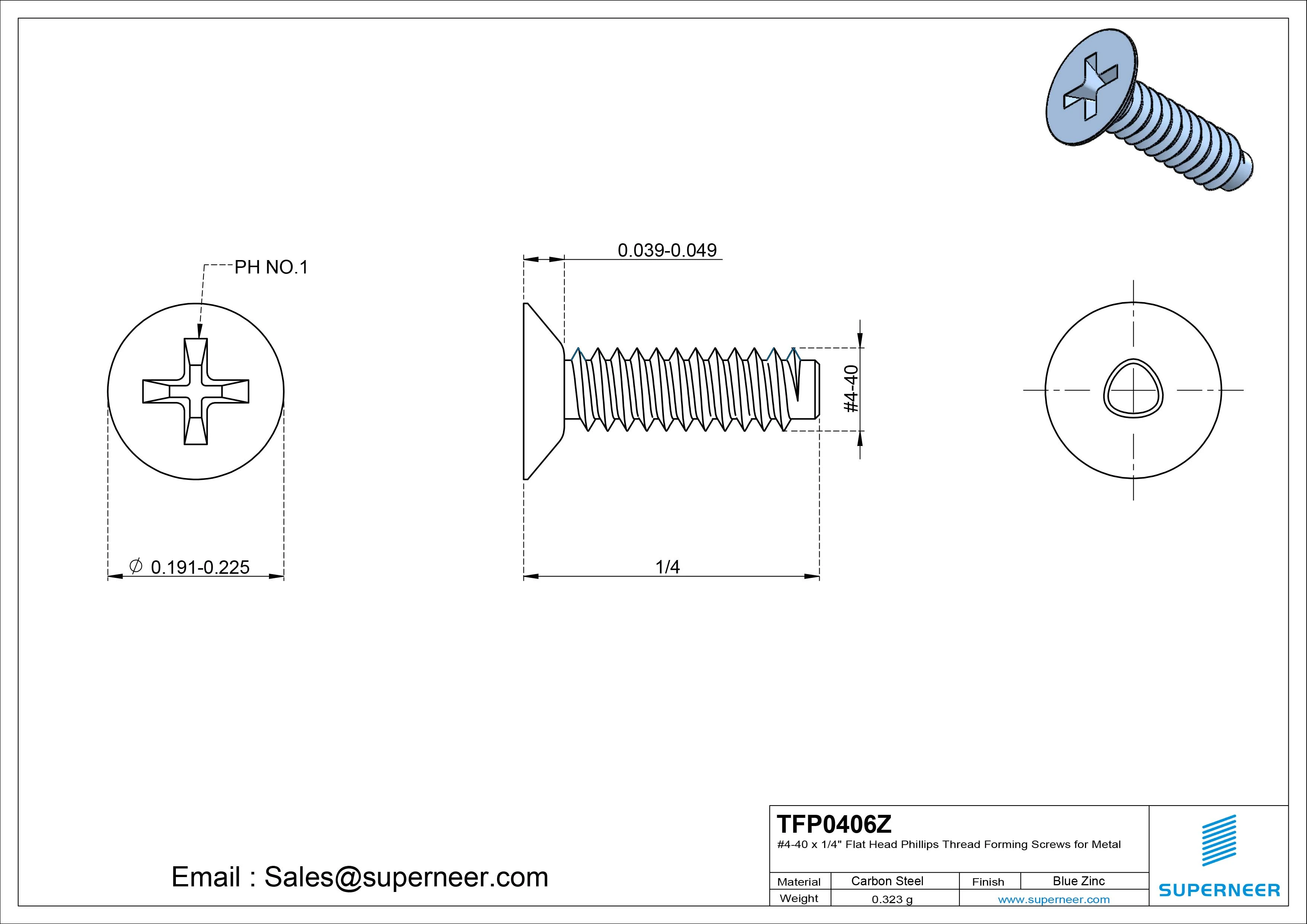 4-40 × 3/8 Flat Head Phillips Thread Forming  Screws for Metal  Steel Blue Zinc Plated