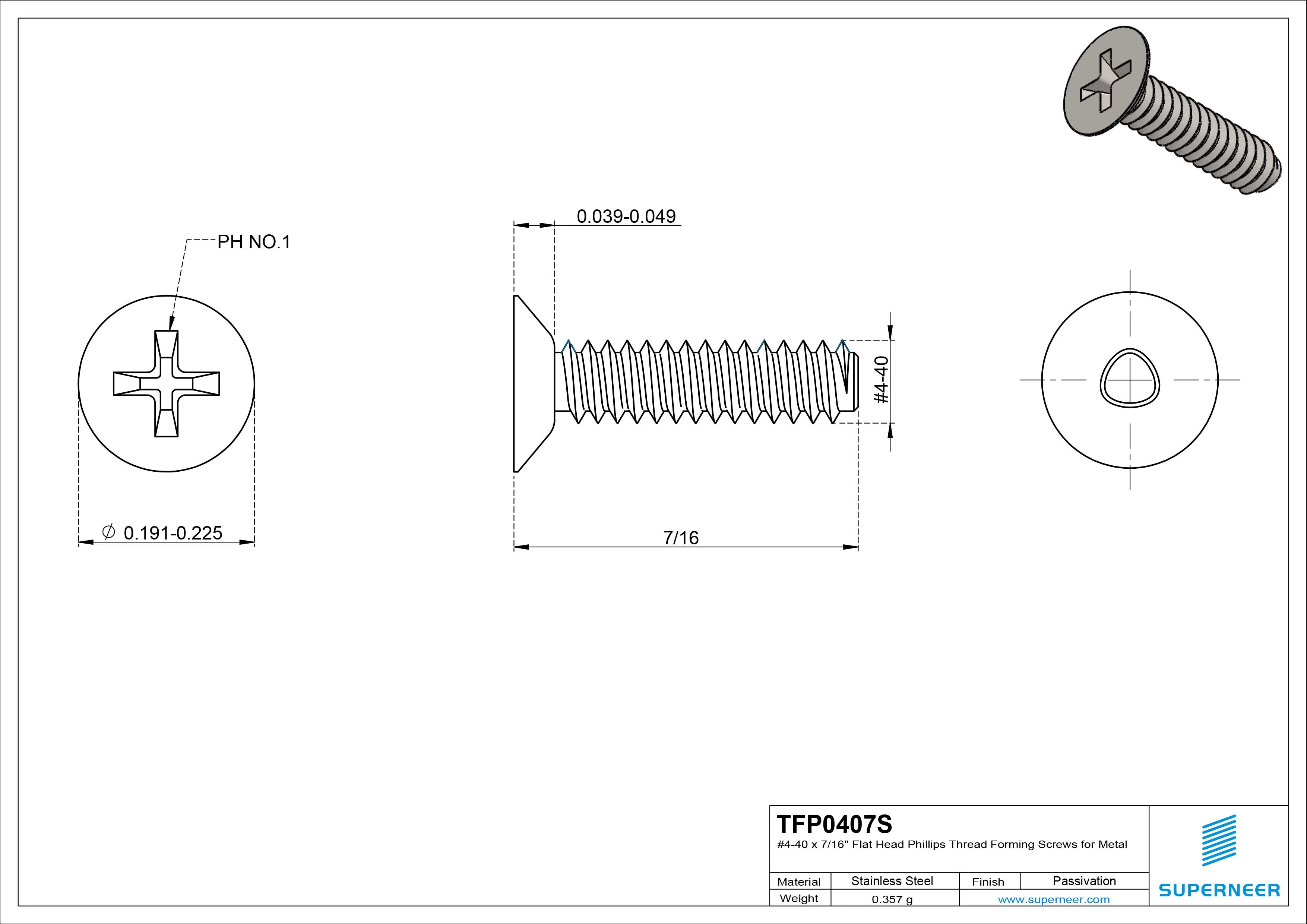 4-40 × 7/16 Flat Head Phillips Thread Forming  Screws for Metal  SUS304 Stainless Steel Inox