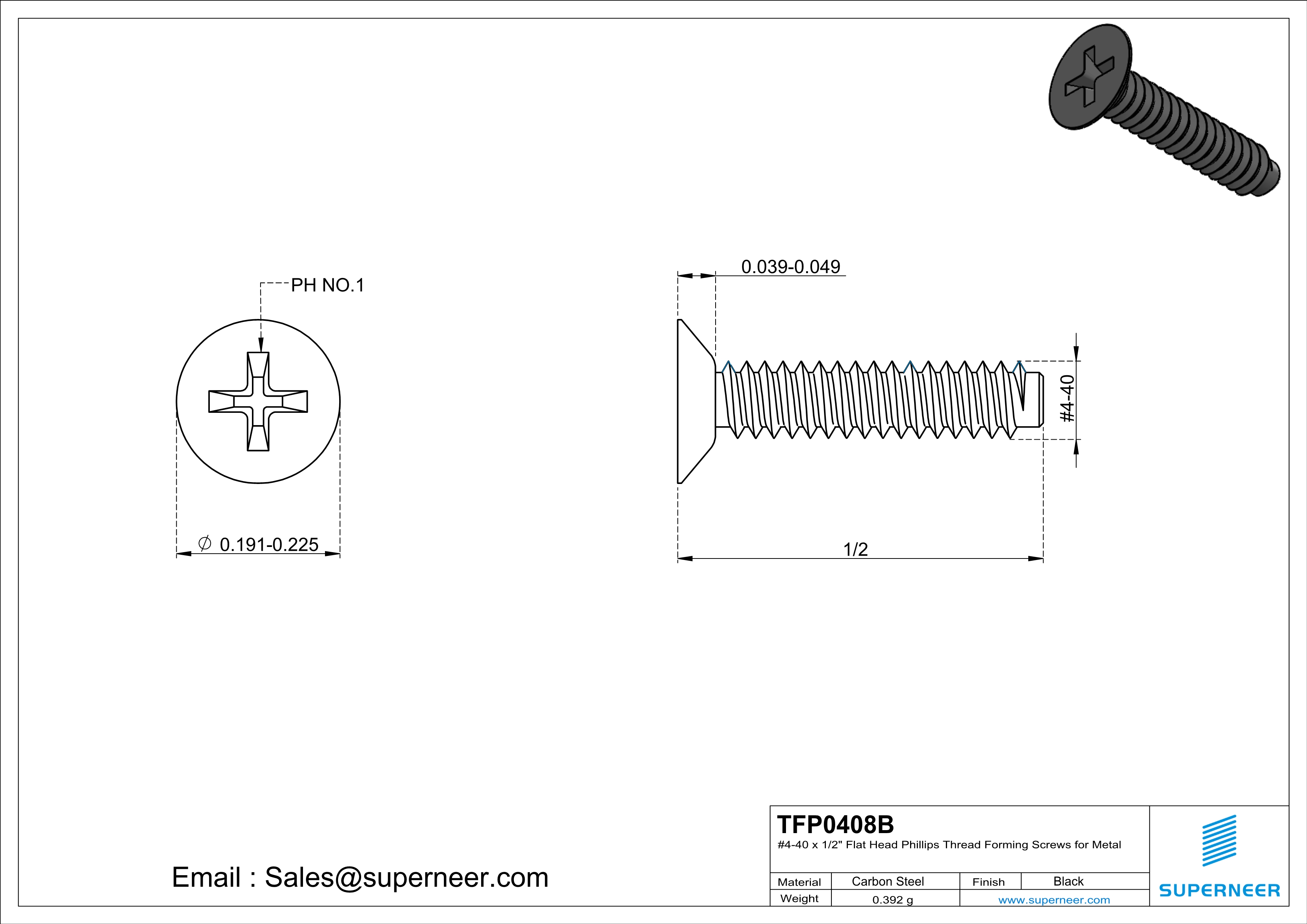 4-40 × 1/2 Flat Head Phillips Thread Forming  Screws for Metal  Steel Black