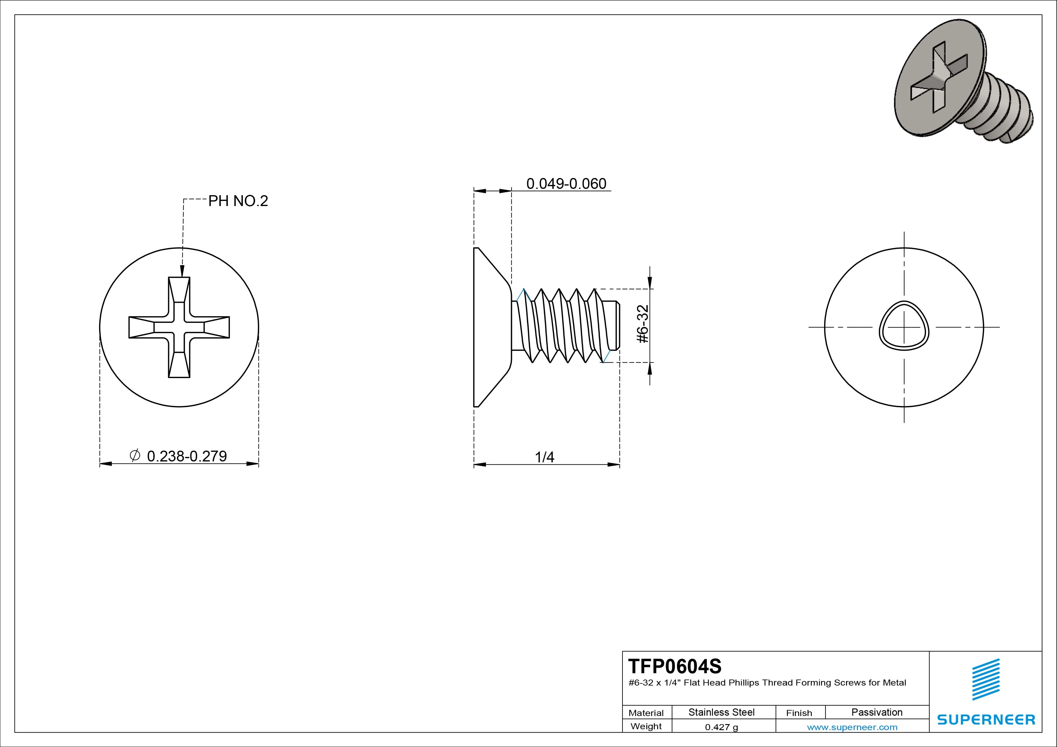 6-32 × 1/4 Flat Head Phillips Thread Forming  Screws for Metal  SUS304 Stainless Steel Inox
