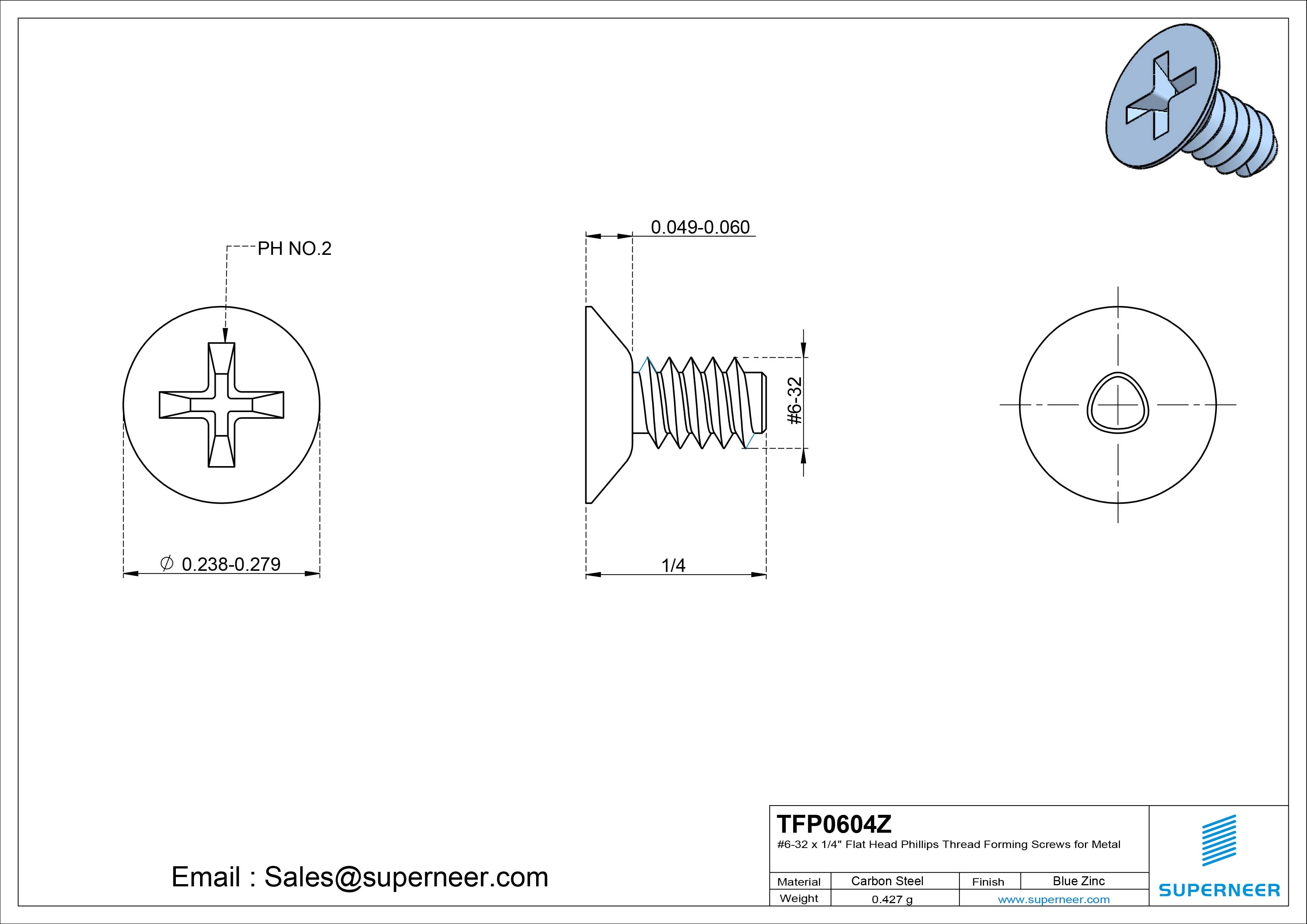6-32 × 1/4 Flat Head Phillips Thread Forming  Screws for Metal  Steel Blue Zinc Plated