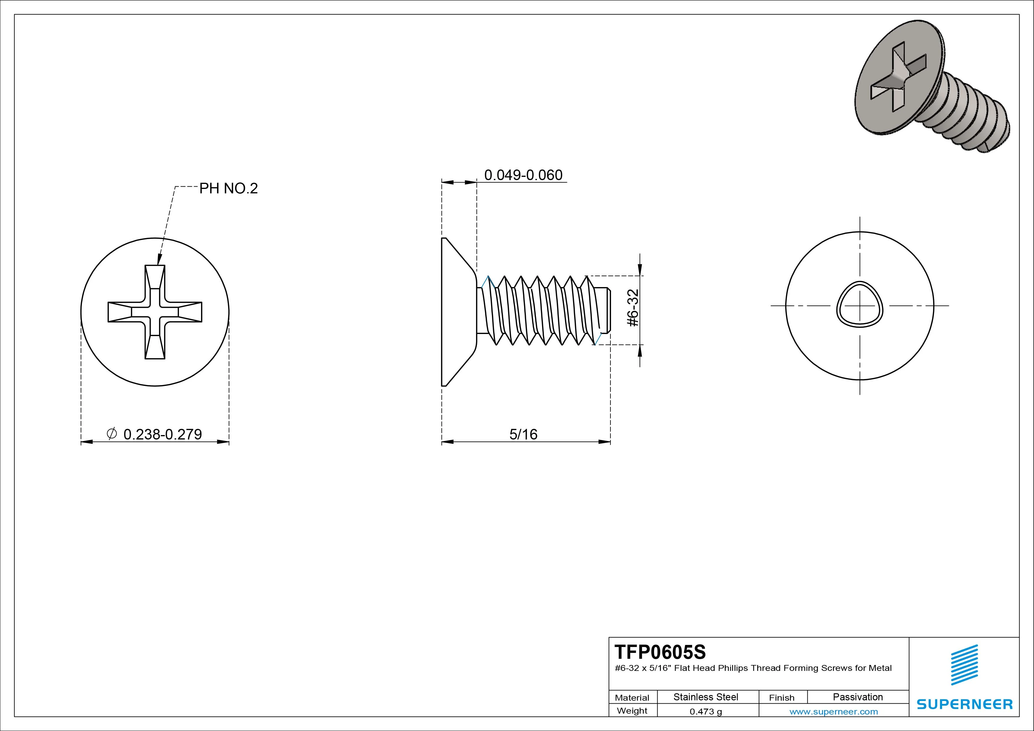 6-32 × 5/16 Flat Head Phillips Thread Forming  Screws for Metal  SUS304 Stainless Steel Inox
