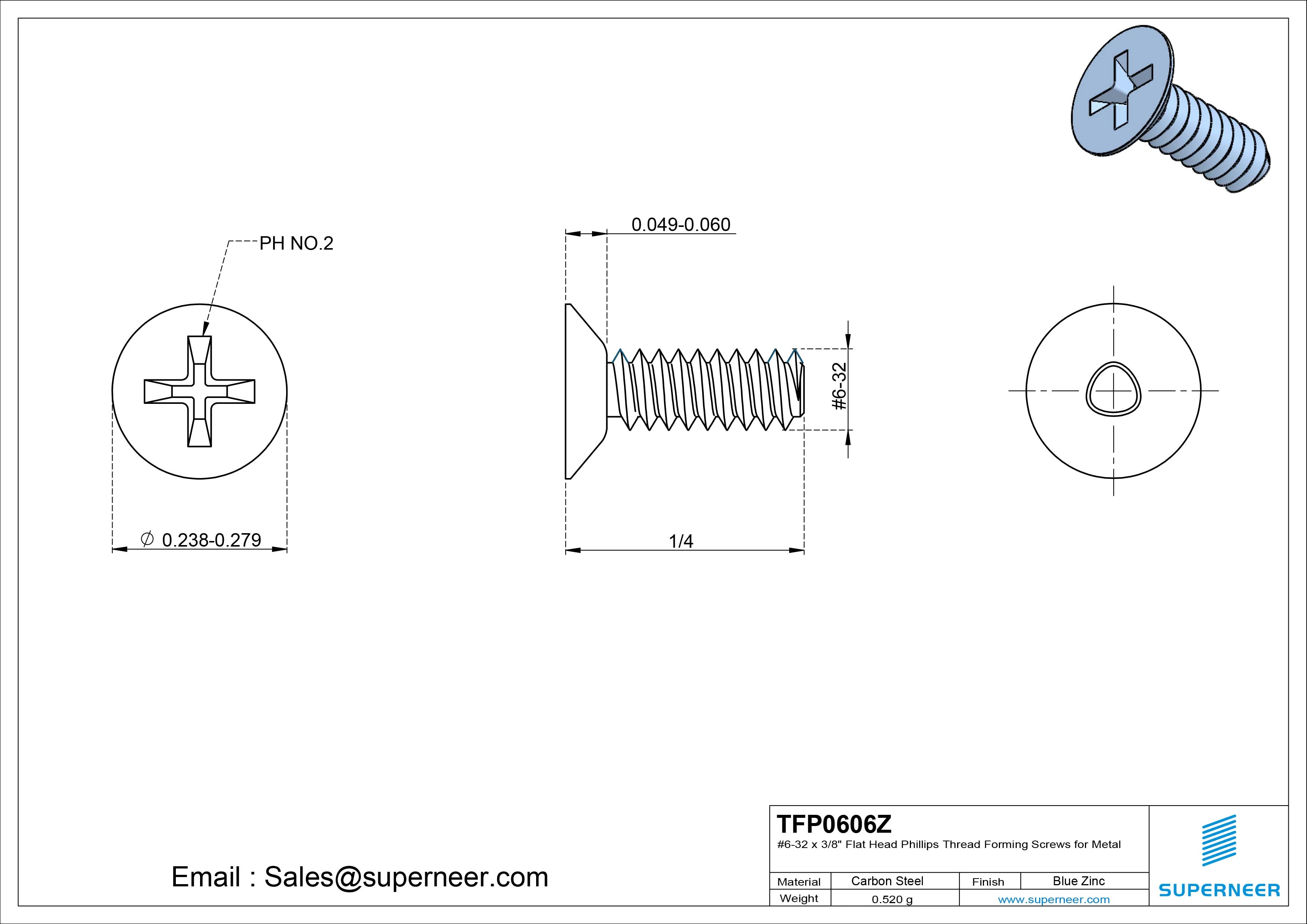 6-32 × 3/8 Flat Head Phillips Thread Forming  Screws for Metal  Steel Blue Zinc Plated