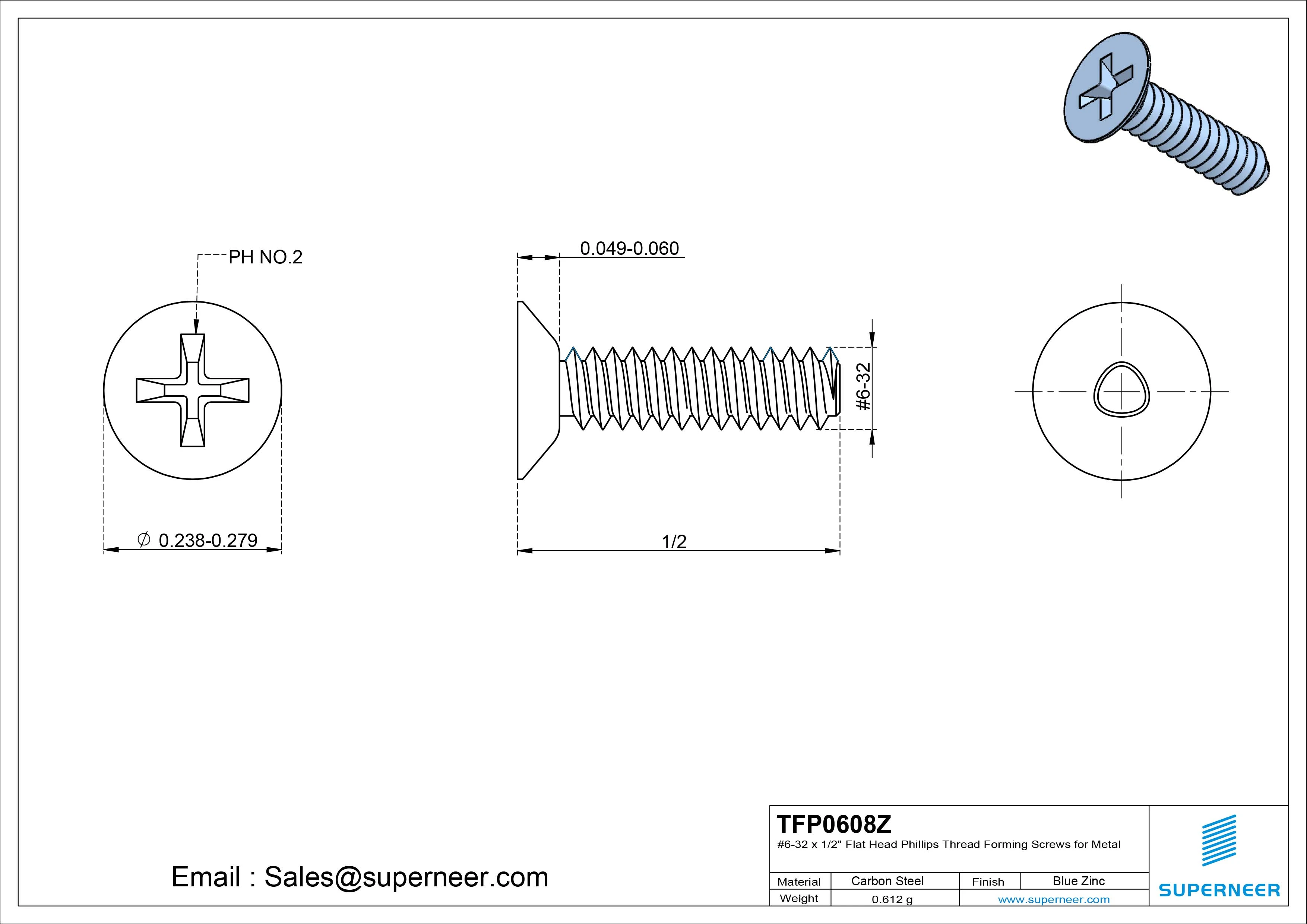 6-32 × 1/2 Flat Head Phillips Thread Forming  Screws for Metal  Steel Blue Zinc Plated