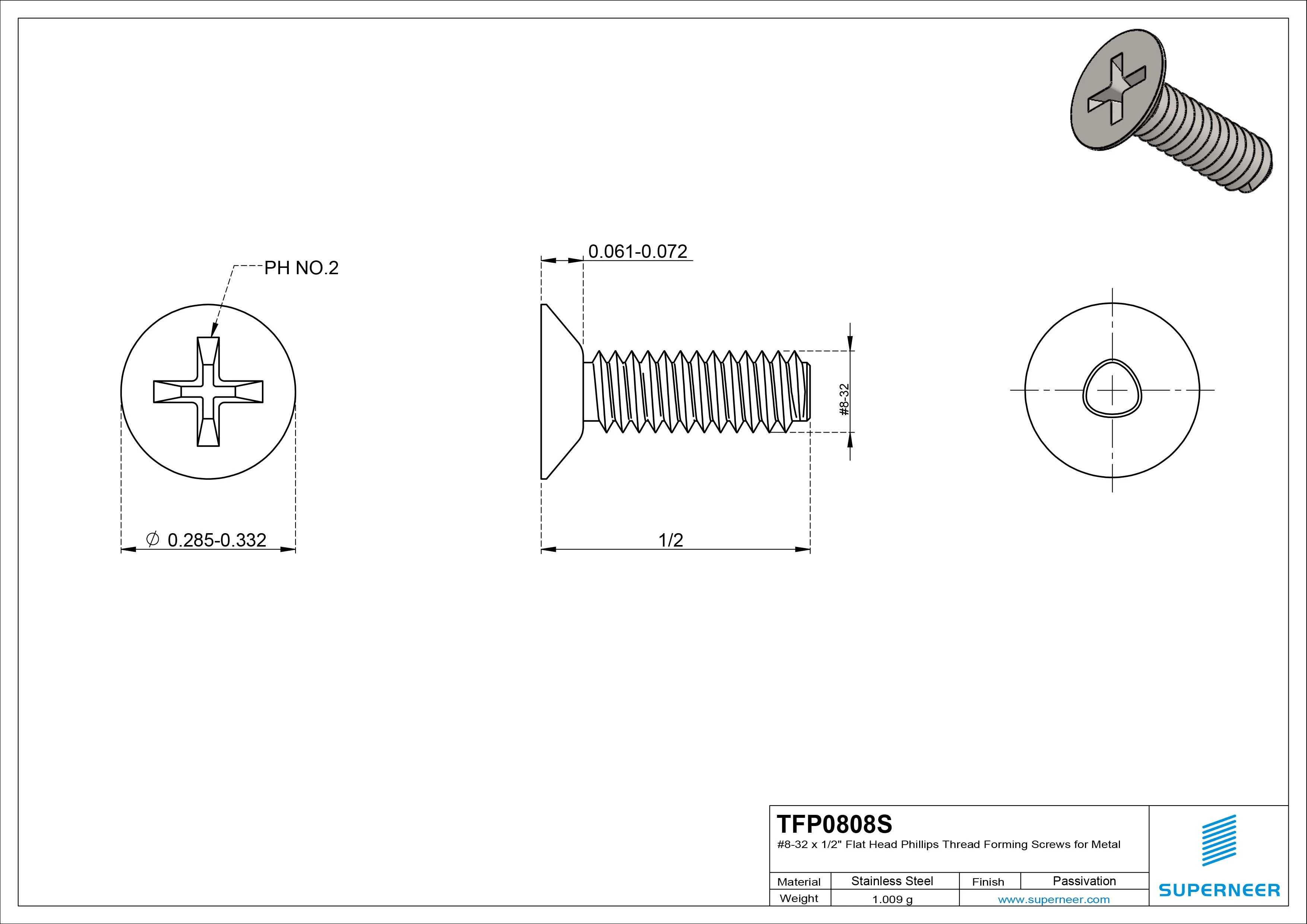 8-32 × 1/2 Flat Head Phillips Thread Forming  Screws for Metal  SUS304 Stainless Steel Inox