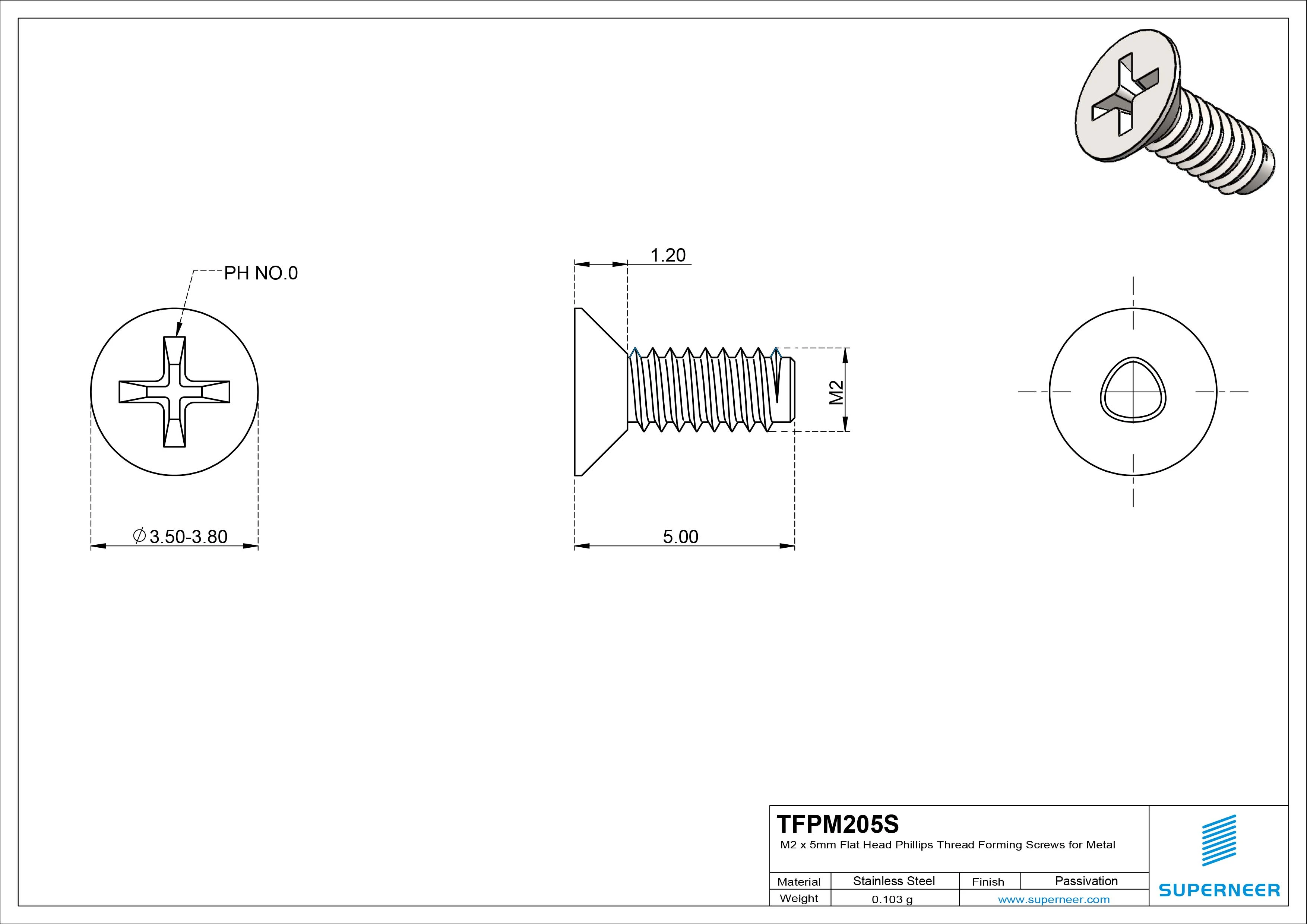 M2 × 5mm Flat Head Phillips Thread Forming Screws for Metal SUS304 Stainless Steel Inox