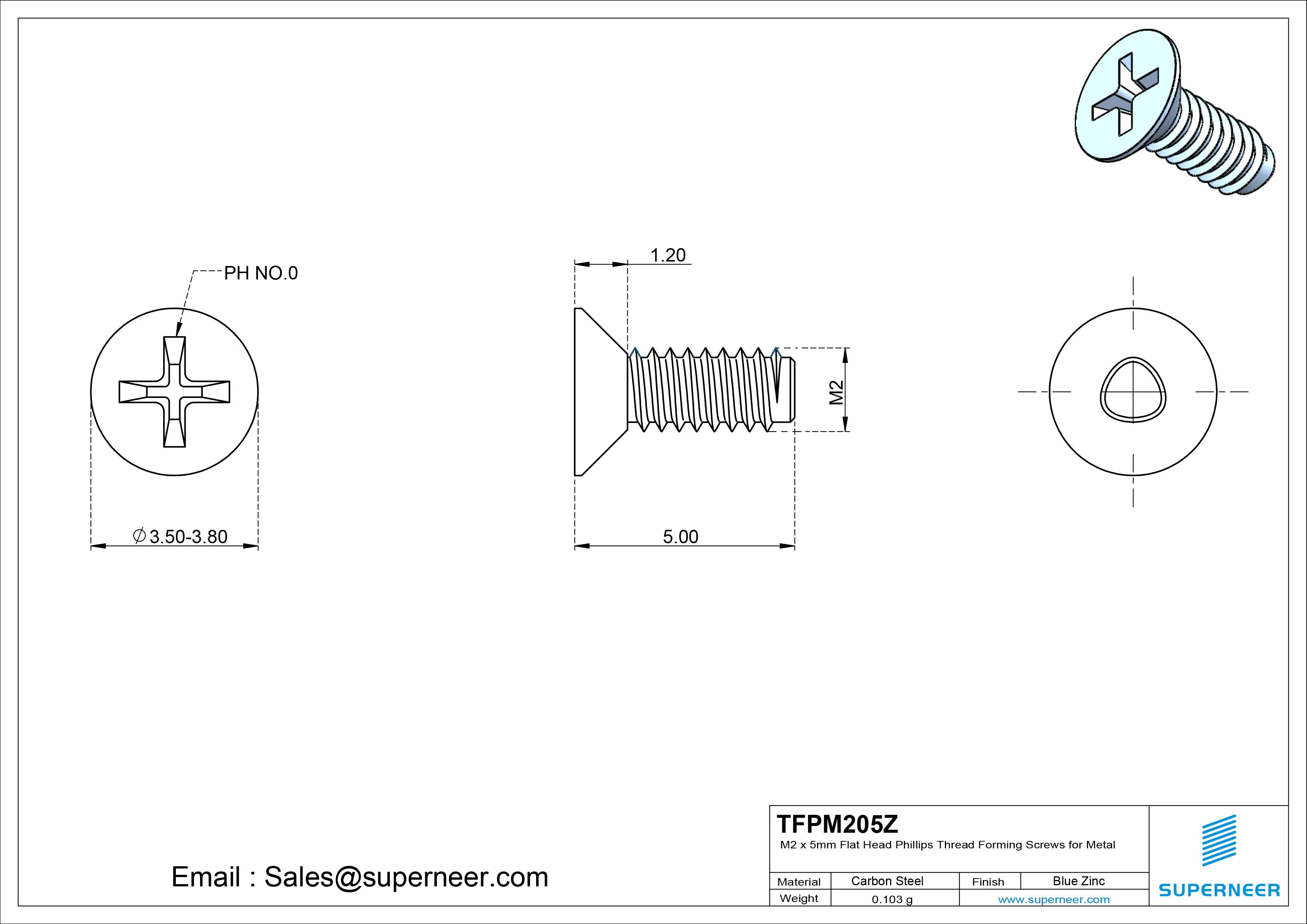 M2 × 5mm Flat Head Phillips Thread Forming Screws for Metal Steel Blue Zinc Plated