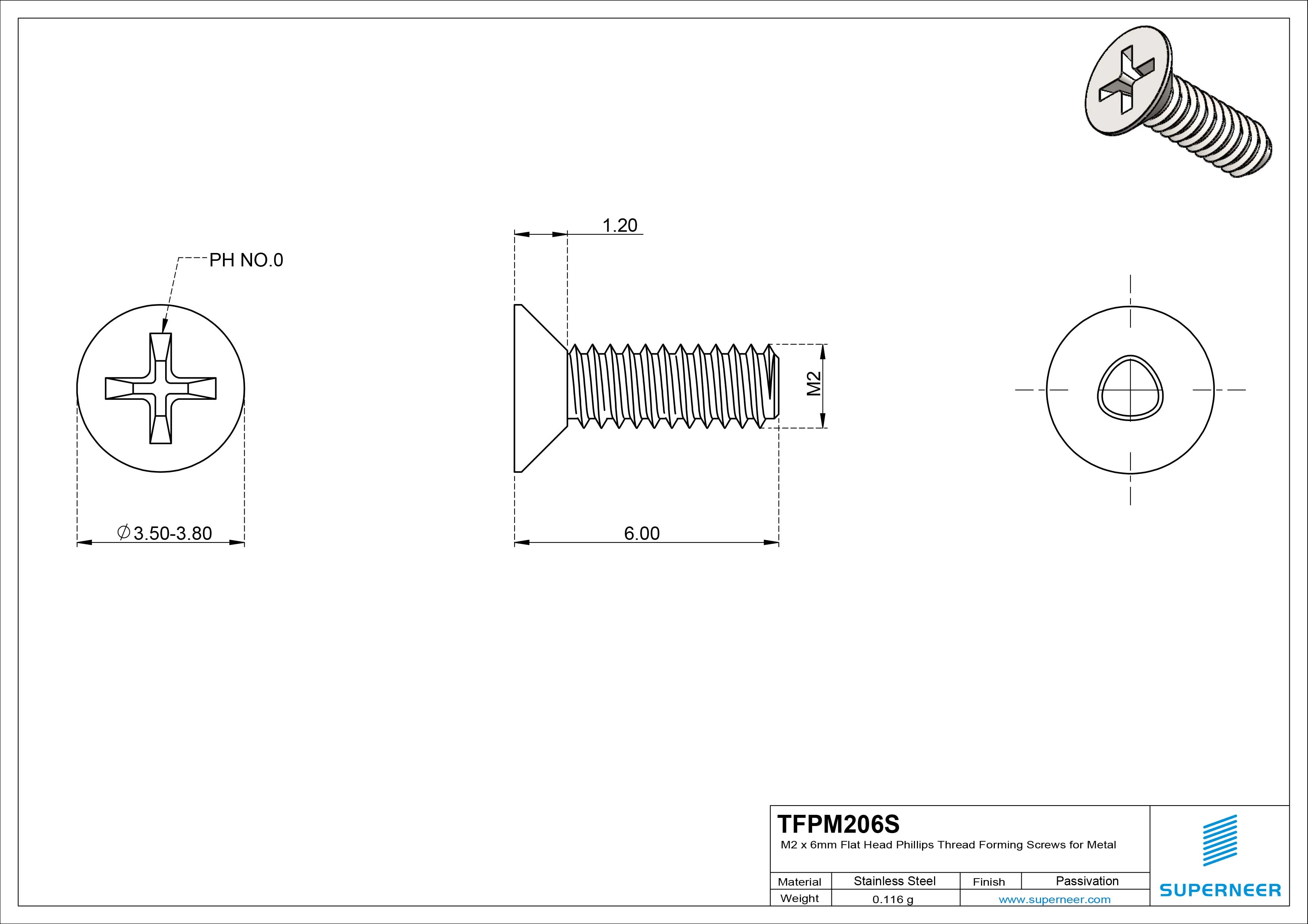 M2 × 6mm Flat Head Phillips Thread Forming Screws for Metal SUS304 Stainless Steel Inox