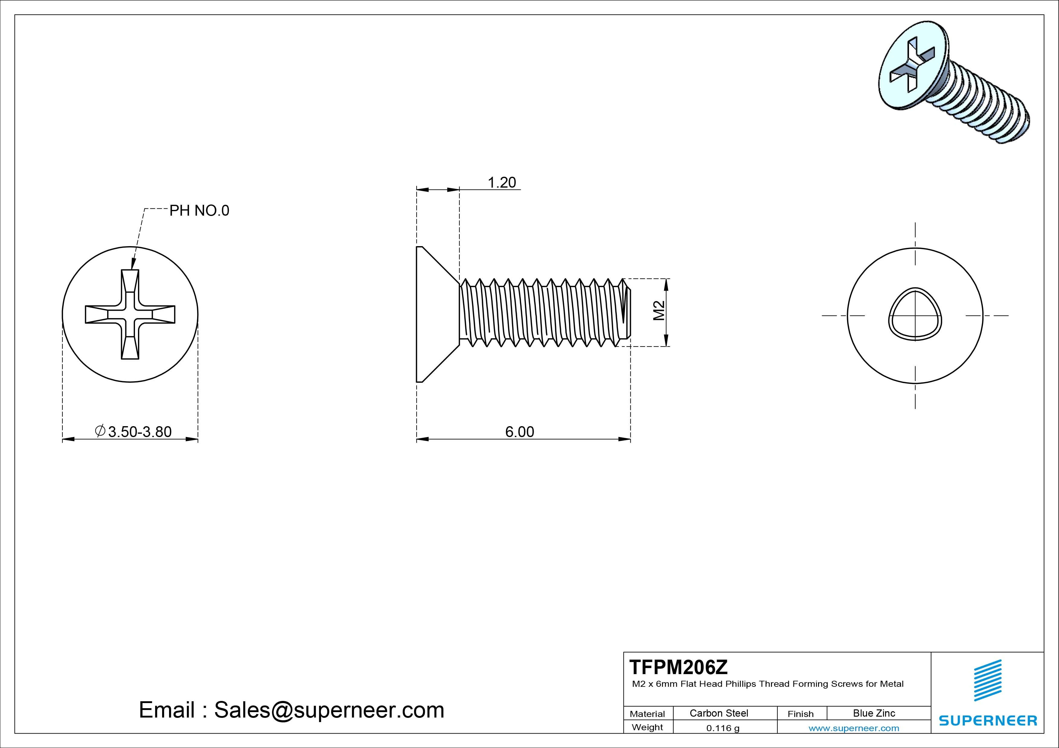 M2 × 6mm Flat Head Phillips Thread Forming Screws for Metal Steel Blue Zinc Plated