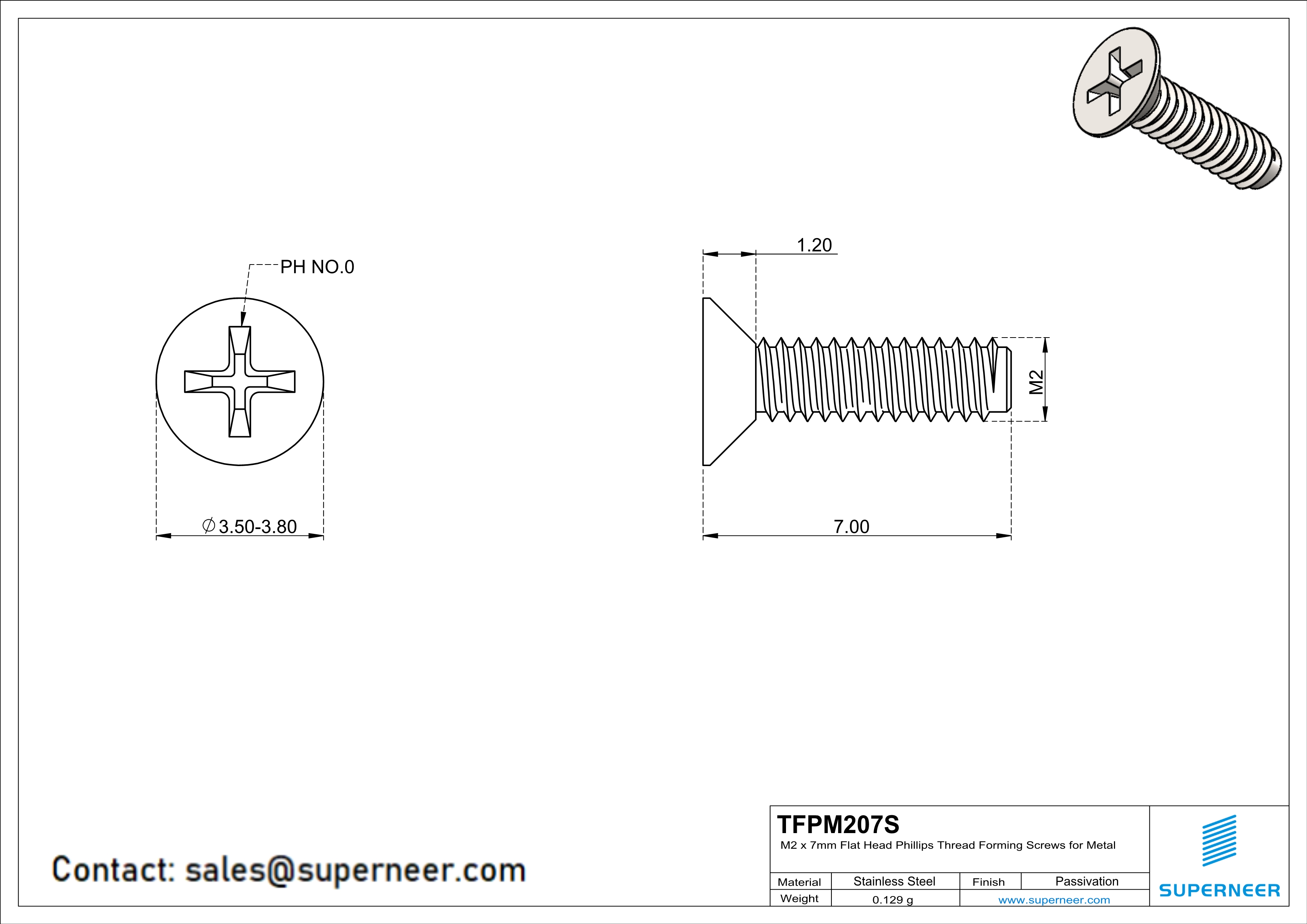 M2 × 7mm Flat Head Phillips Thread Forming Screws for Metal SUS304 Stainless Steel Inox