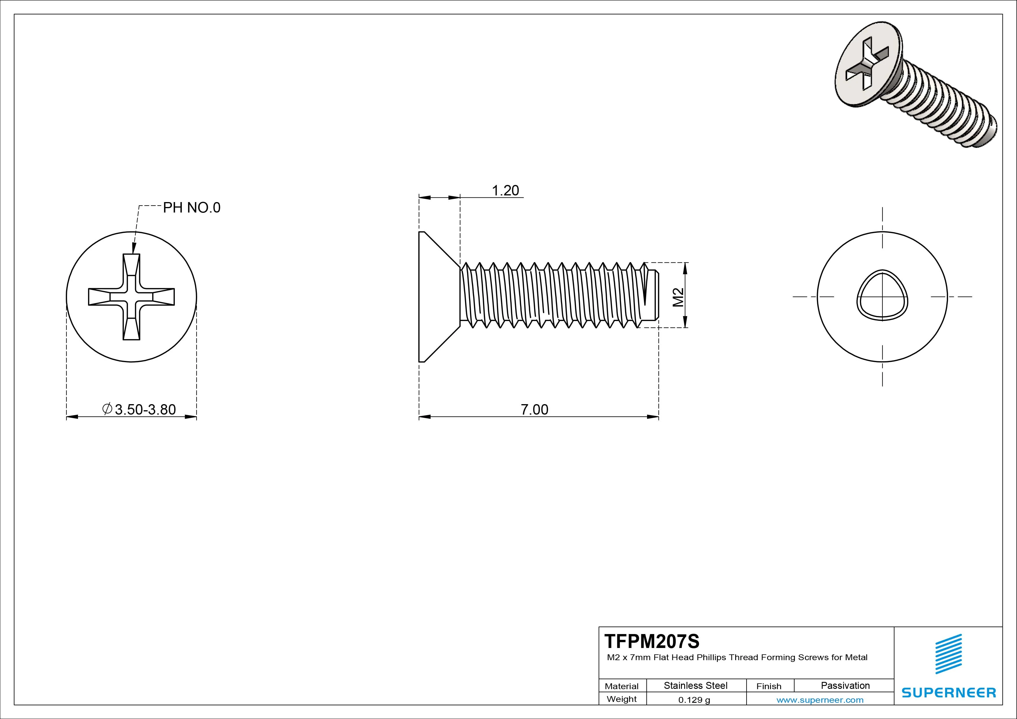 M2 × 7mm Flat Head Phillips Thread Forming Screws for Metal SUS304 Stainless Steel Inox