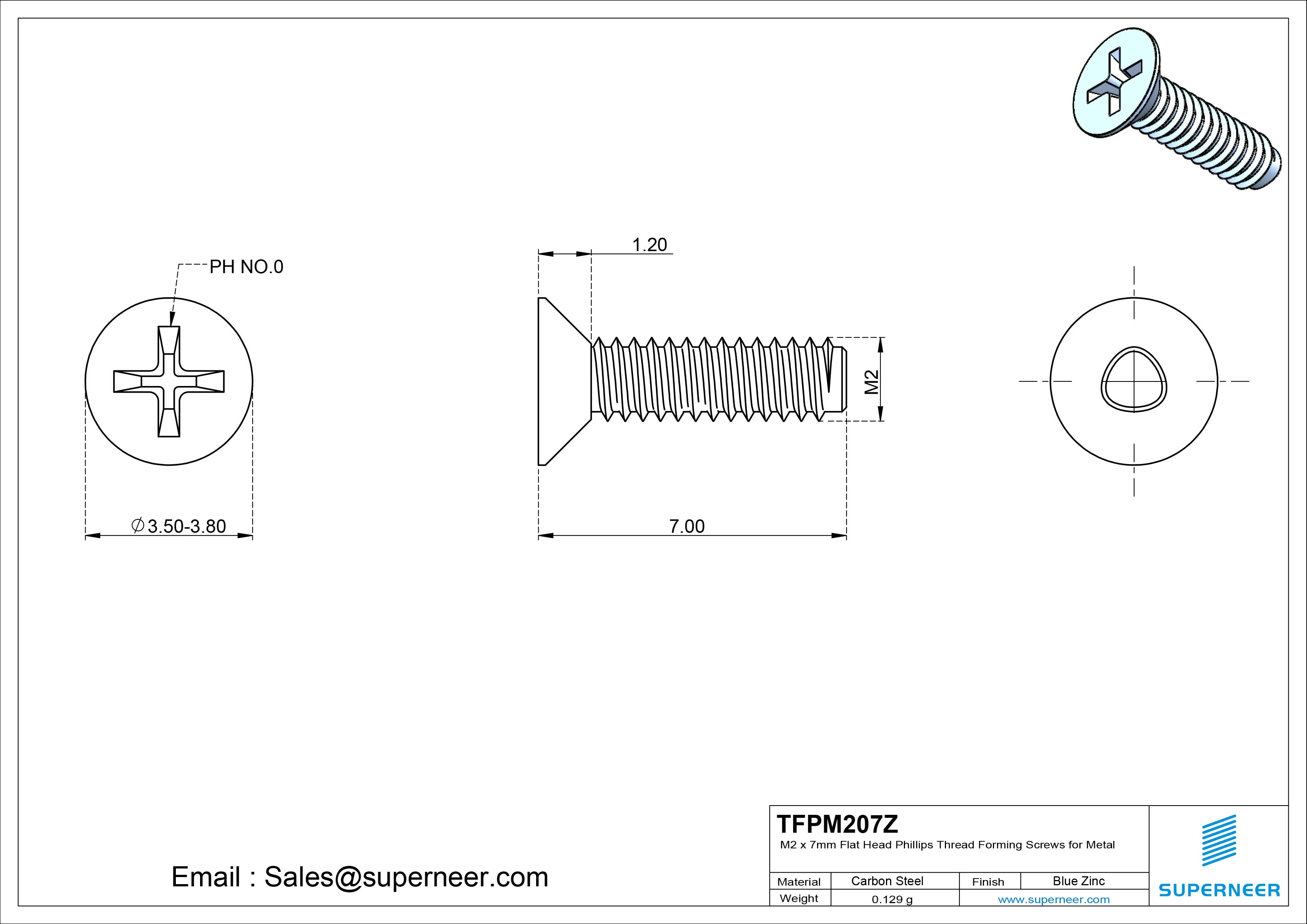 M2 × 7mm Flat Head Phillips Thread Forming Screws for Metal Steel Blue Zinc Plated