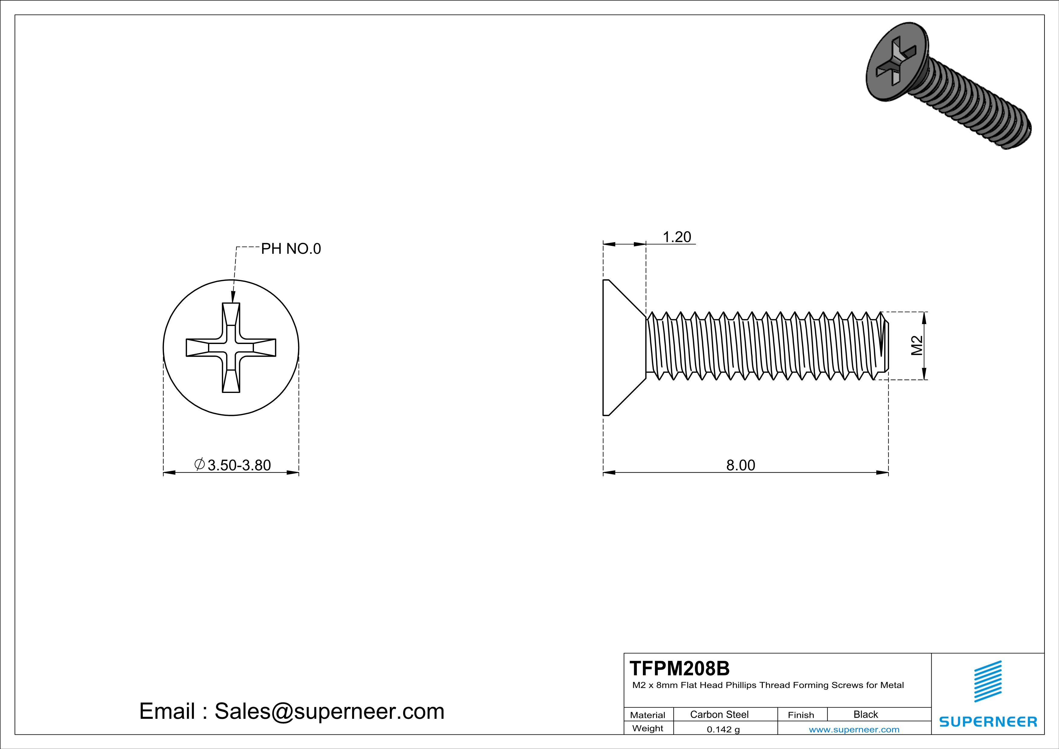 M2 × 8mm Flat Head Phillips Thread Forming Screws for Metal Steel Black