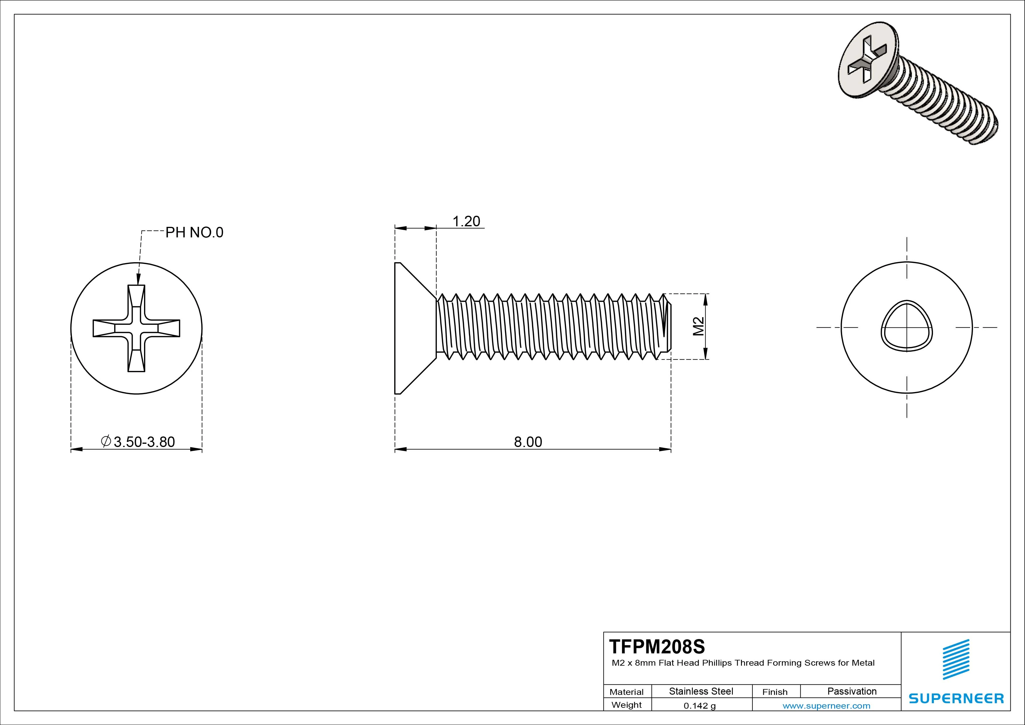 M2 × 8mm Flat Head Phillips Thread Forming Screws for Metal SUS304 Stainless Steel Inox