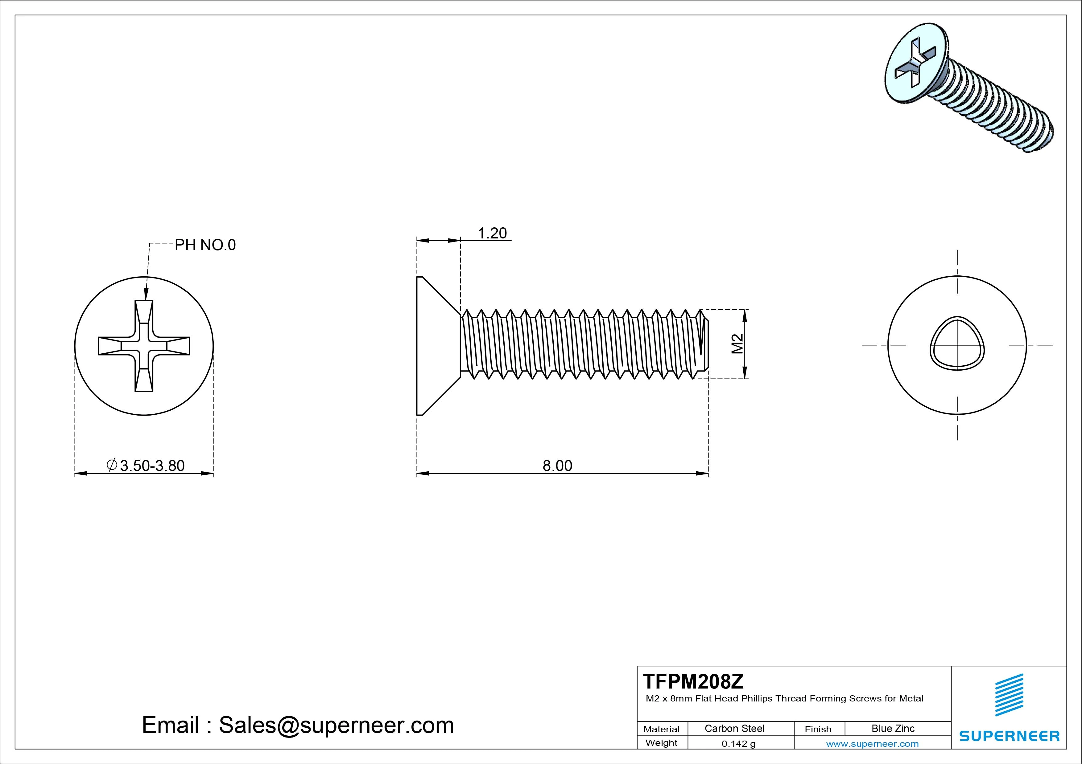 M2 × 8mm Flat Head Phillips Thread Forming Screws for Metal Steel Blue Zinc Plated