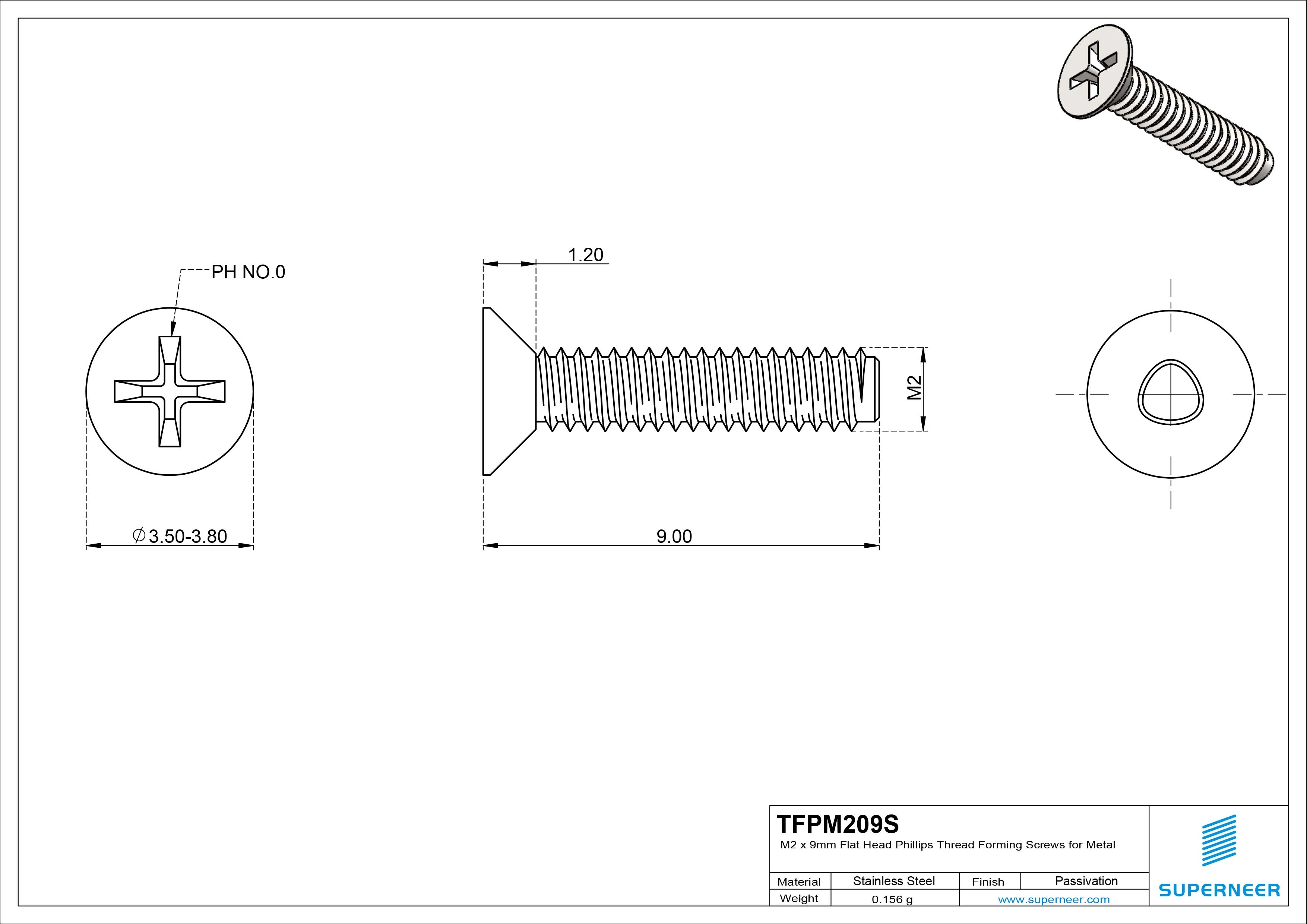 M2 × 9mm Flat Head Phillips Thread Forming Screws for Metal SUS304 Stainless Steel Inox