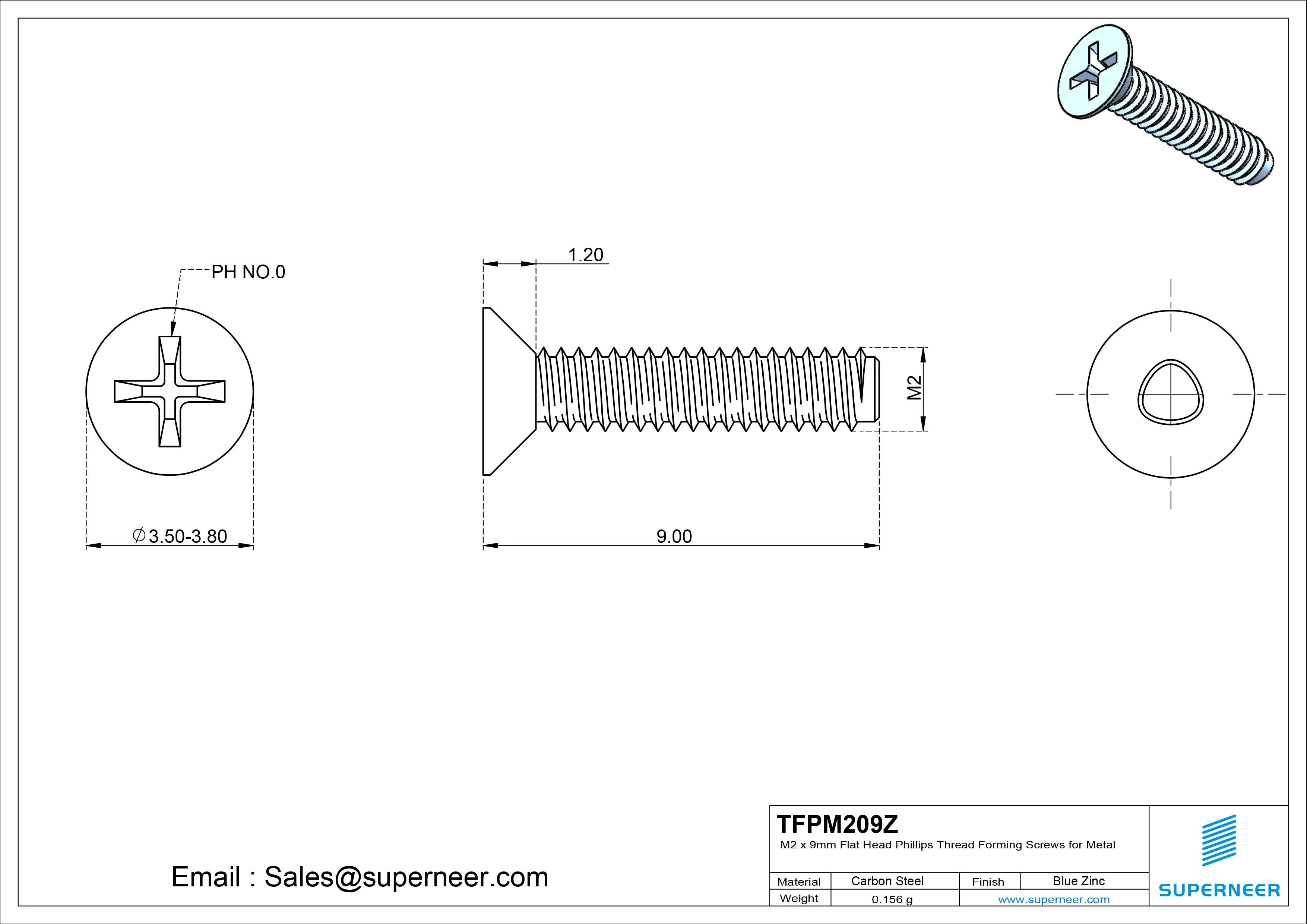 M2 × 9mm Flat Head Phillips Thread Forming Screws for Metal Steel Blue Zinc Plated