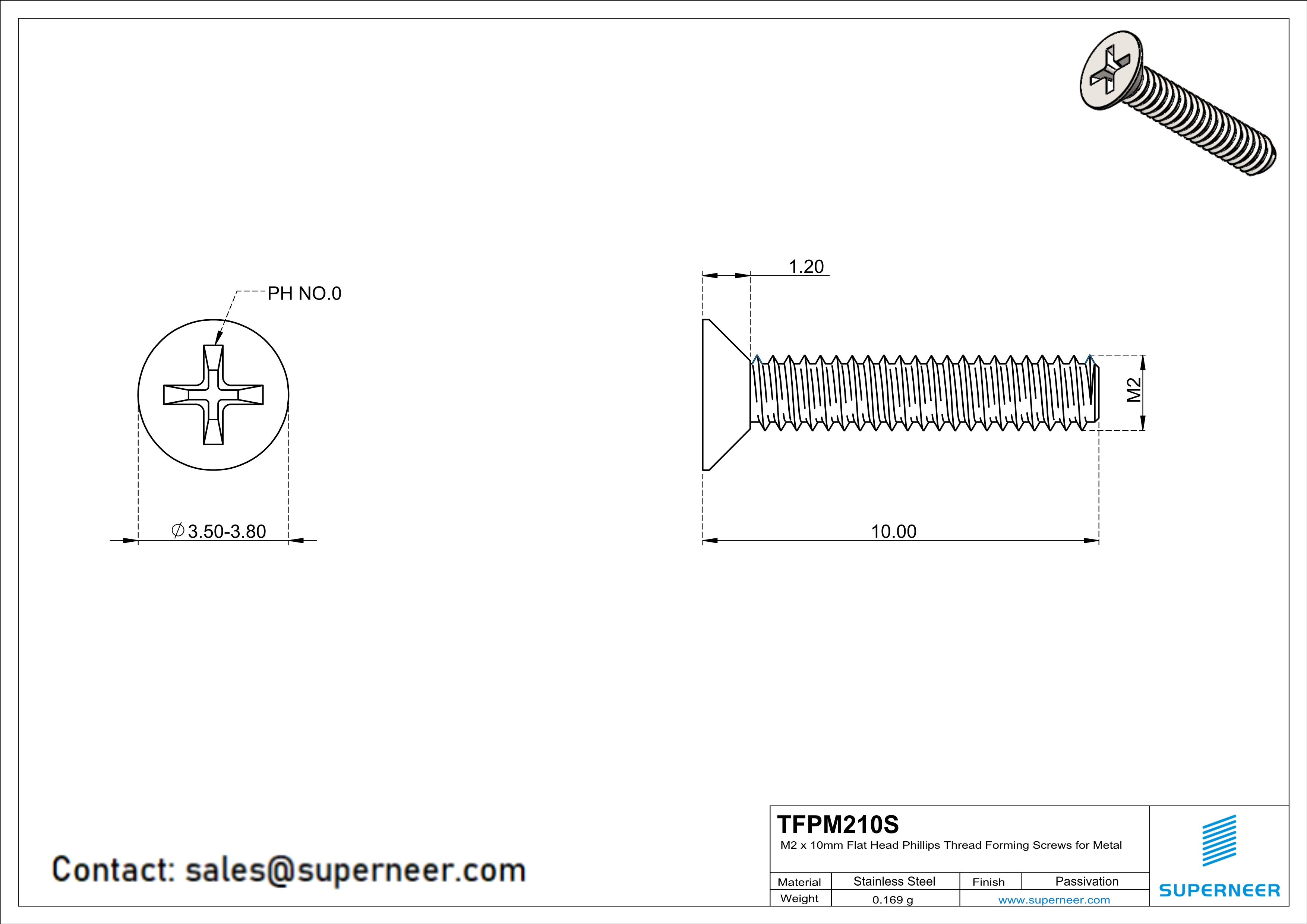 M2 × 10mm Flat Head Phillips Thread Forming Screws for Metal SUS304 Stainless Steel Inox