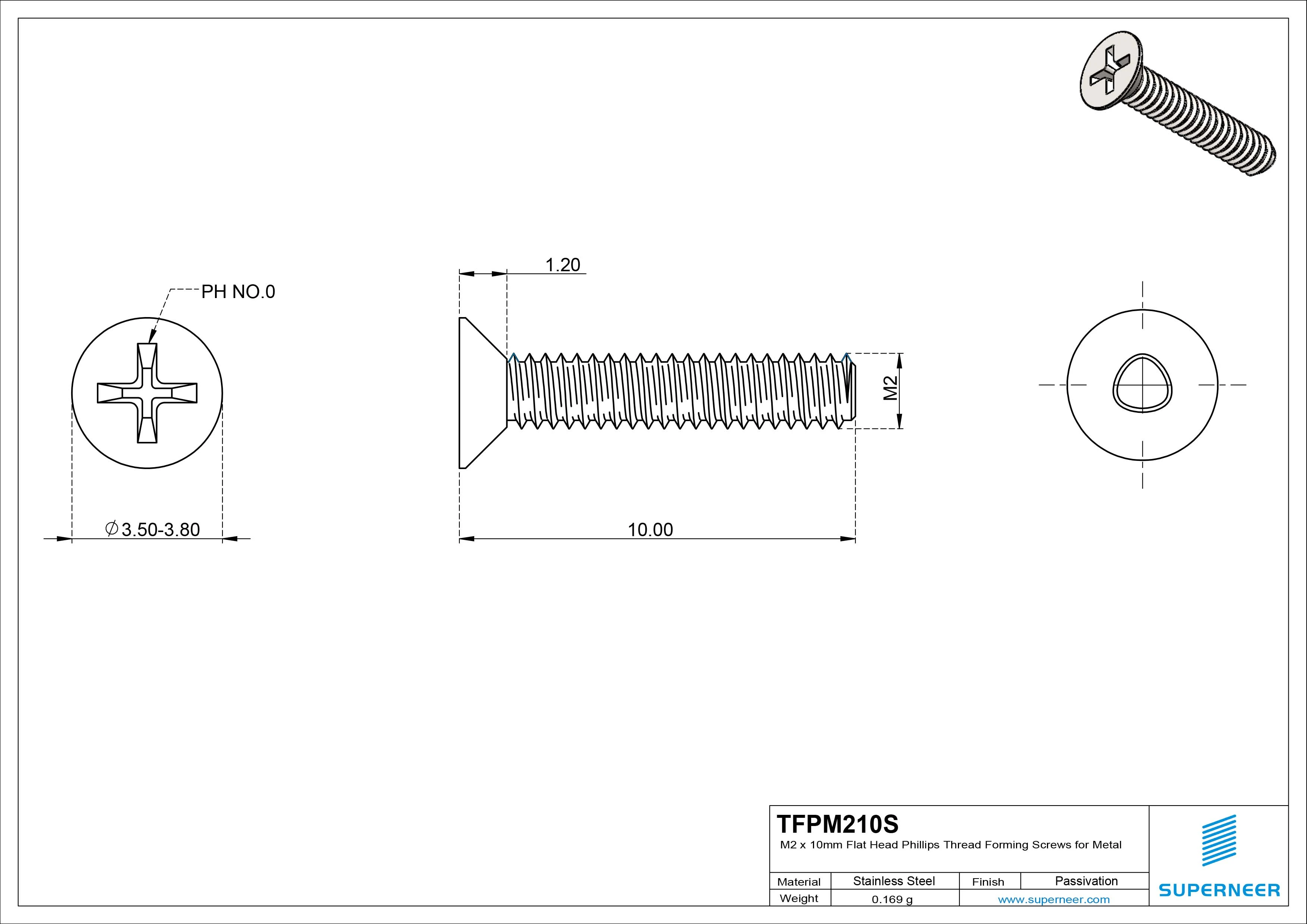 M2 × 10mm Flat Head Phillips Thread Forming Screws for Metal SUS304 Stainless Steel Inox