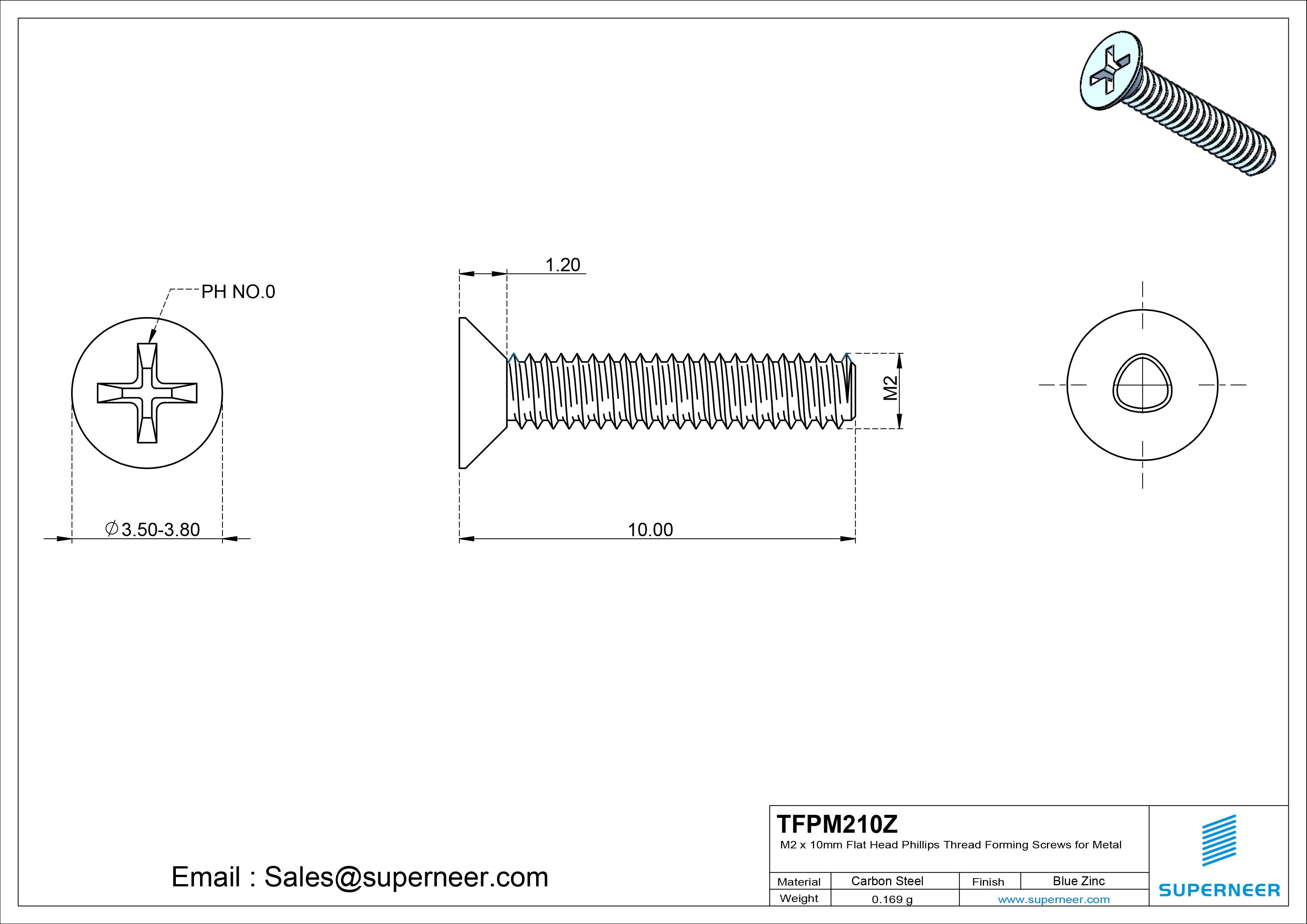 M2 × 10mm Flat Head Phillips Thread Forming Screws for Metal Steel Blue Zinc Plated