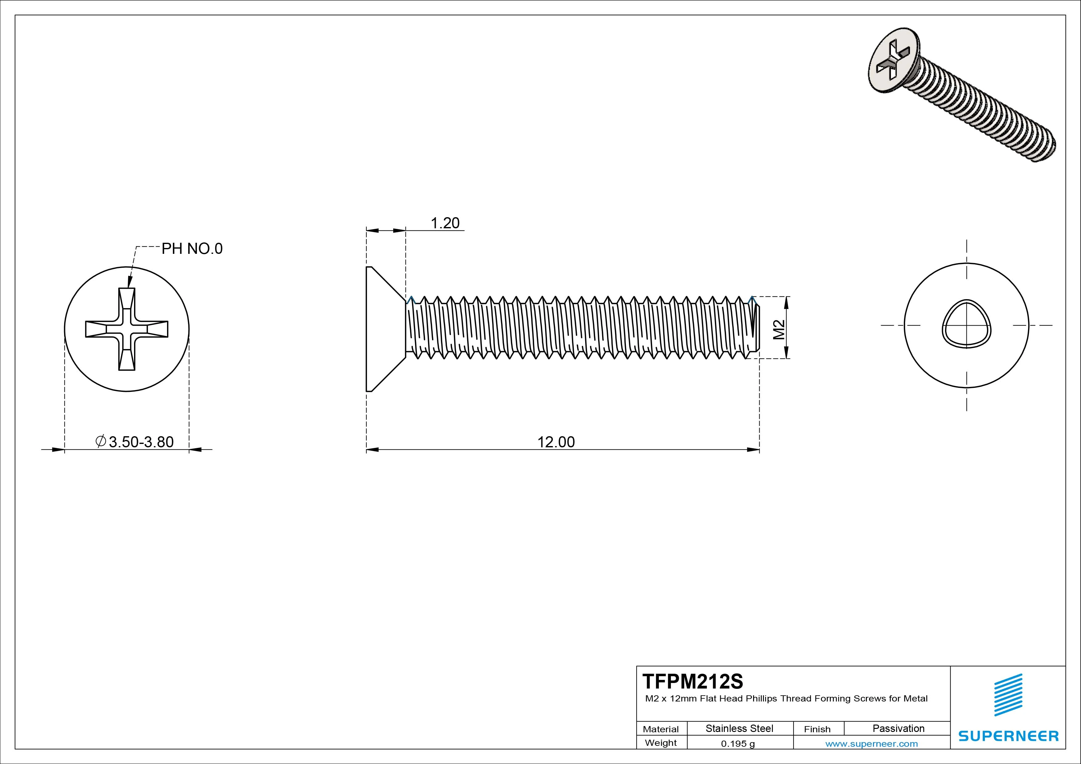 M2 × 12mm Flat Head Phillips Thread Forming Screws for Metal SUS304 Stainless Steel Inox