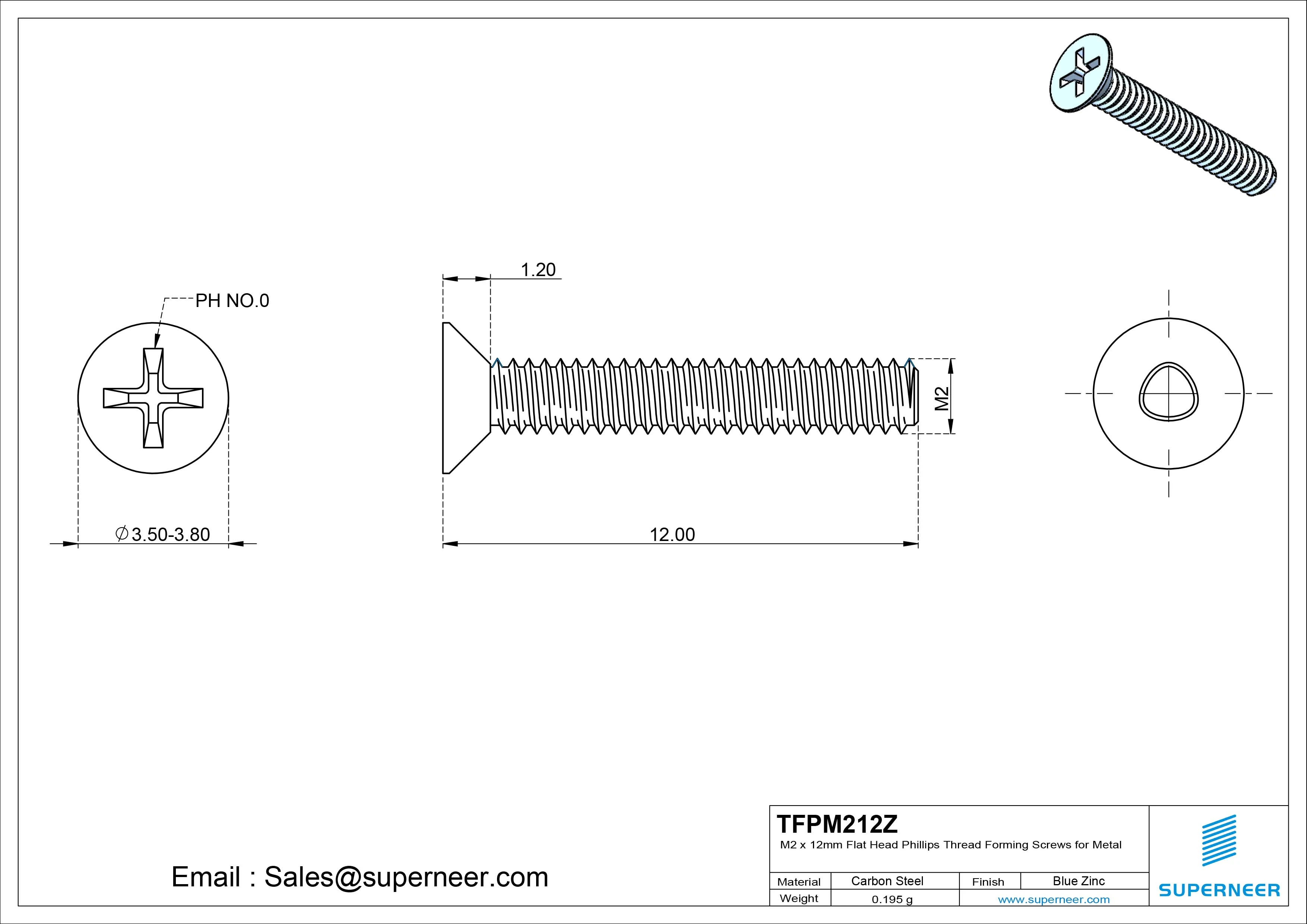 M2 × 12mm Flat Head Phillips Thread Forming Screws for Metal Steel Blue Zinc Plated