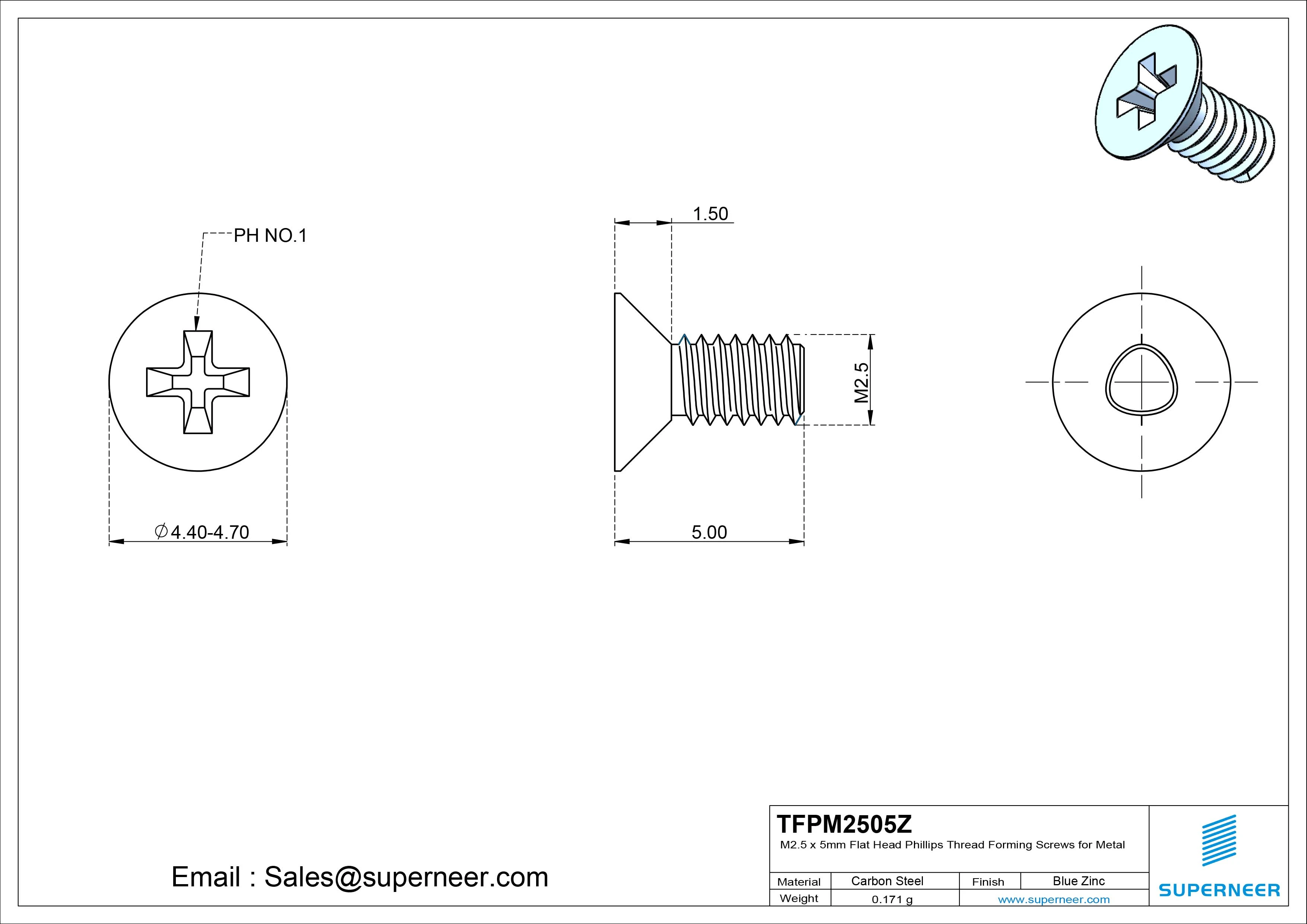 M2.5 × 5mm Flat Head Phillips Thread Forming Screws for Metal Steel Blue Zinc Plated