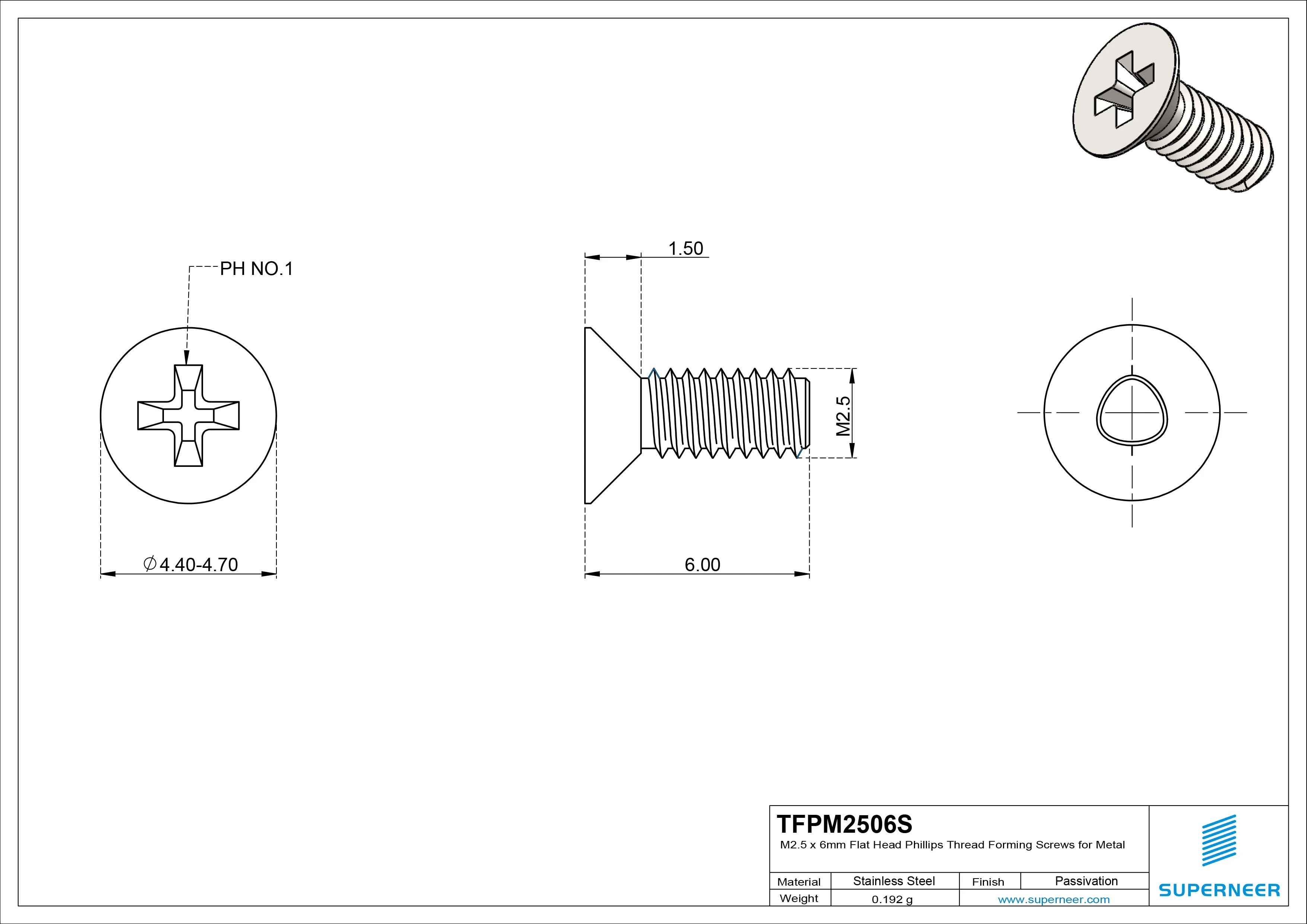 M2.5 × 6mm Flat Head Phillips Thread Forming Screws for Metal SUS304 Stainless Steel Inox