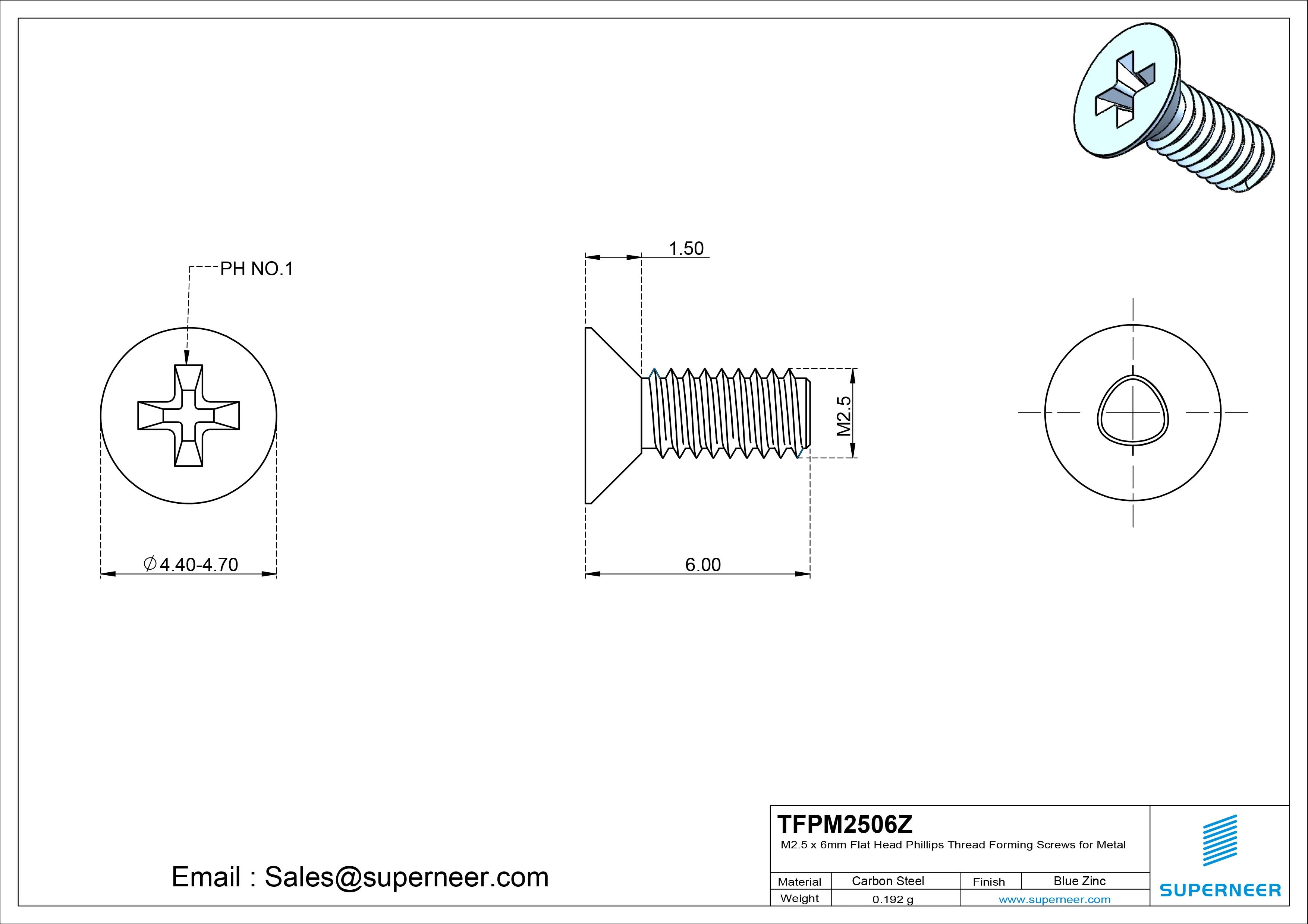 M2.5 × 6mm Flat Head Phillips Thread Forming Screws for Metal Steel Blue Zinc Plated