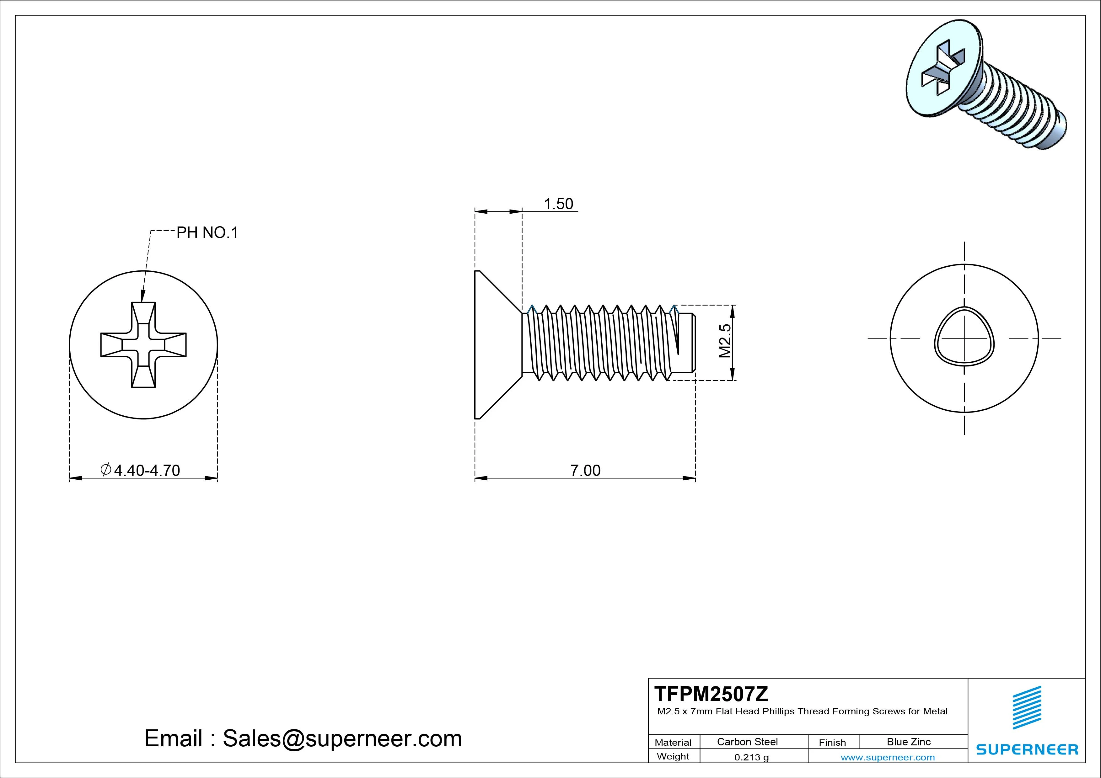 M2.5 × 7mm Flat Head Phillips Thread Forming Screws for Metal Steel Blue Zinc Plated