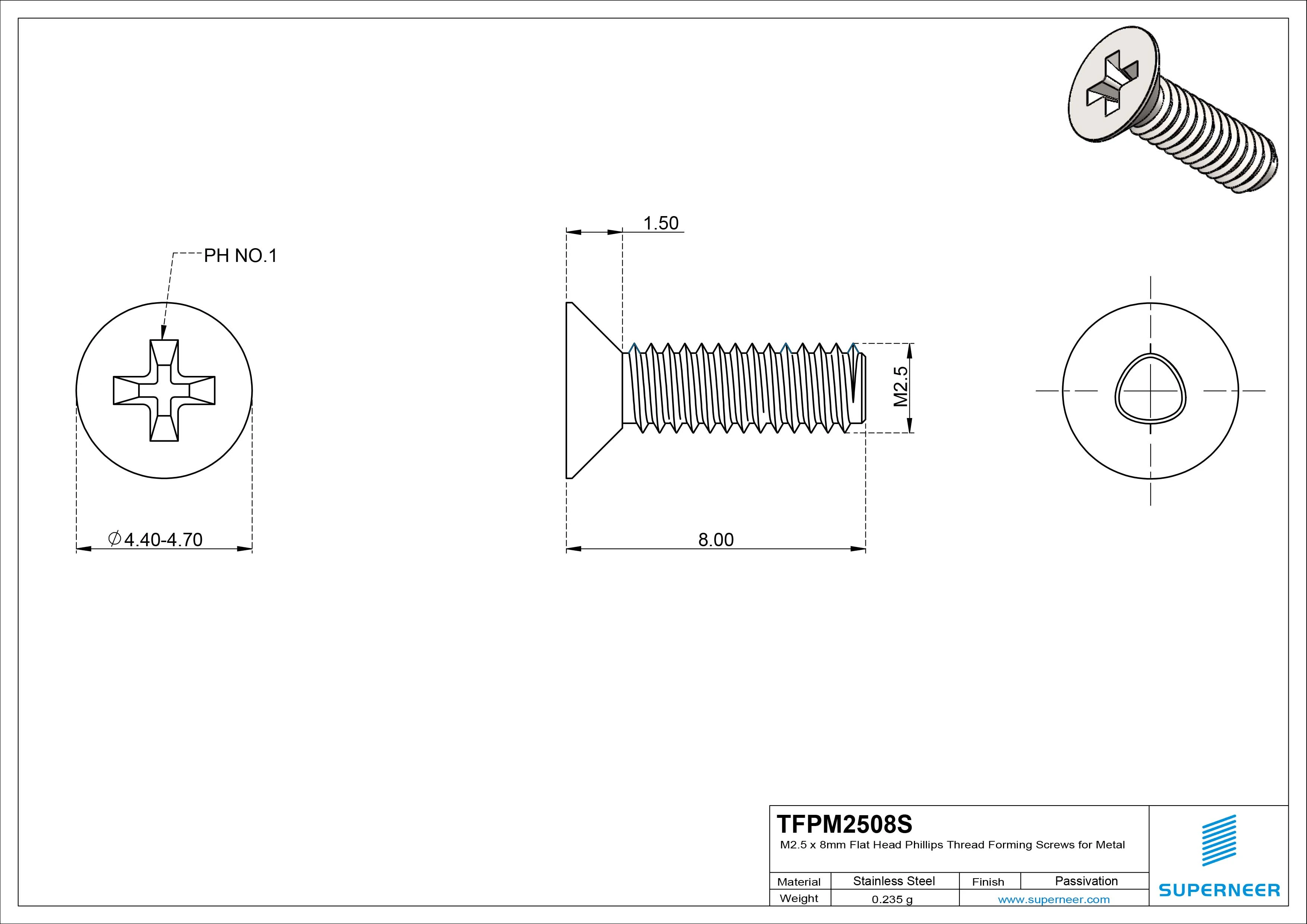 M2.5 × 8mm Flat Head Phillips Thread Forming Screws for Metal SUS304 Stainless Steel Inox