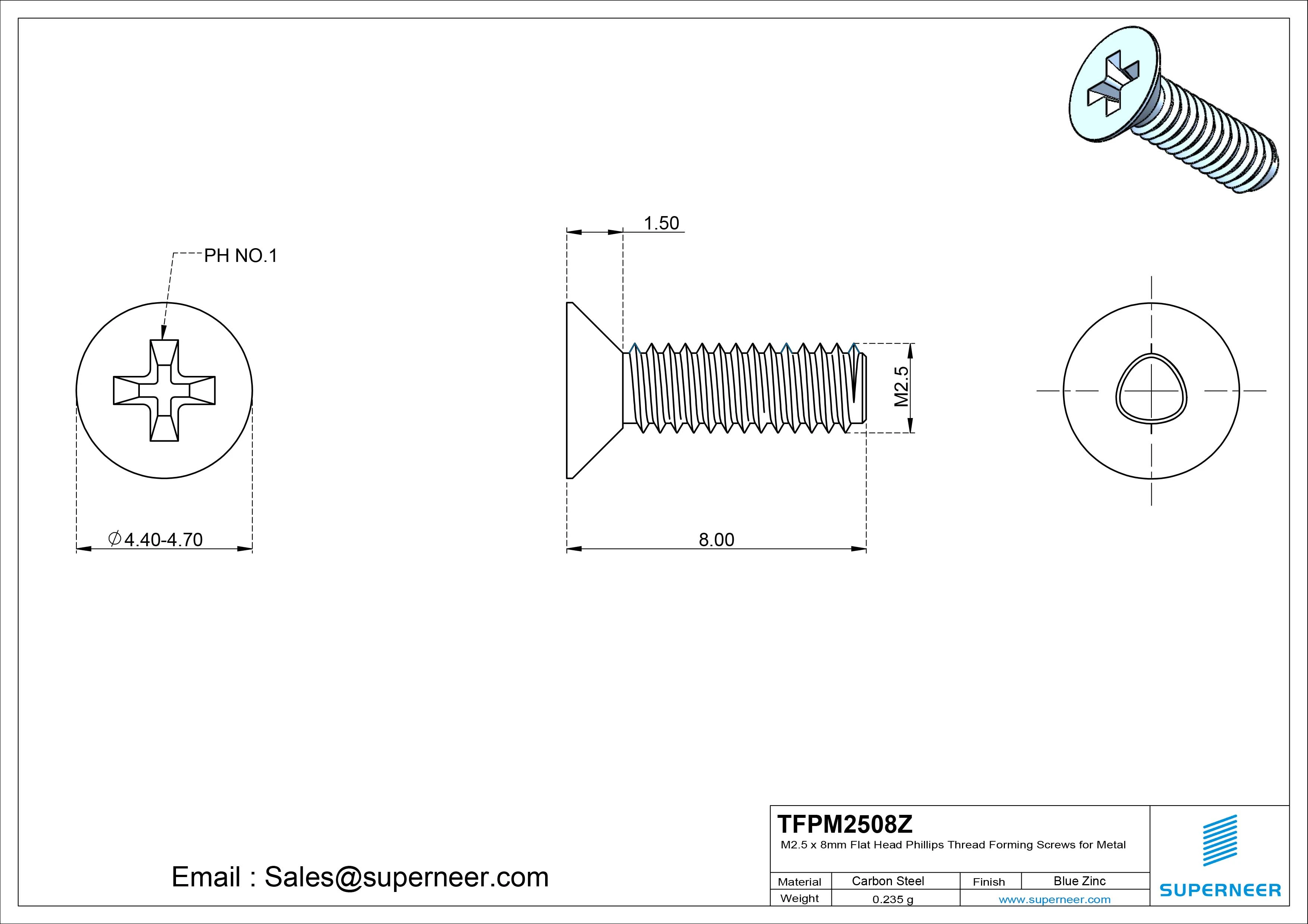 M2.5 × 8mm Flat Head Phillips Thread Forming Screws for Metal Steel Blue Zinc Plated