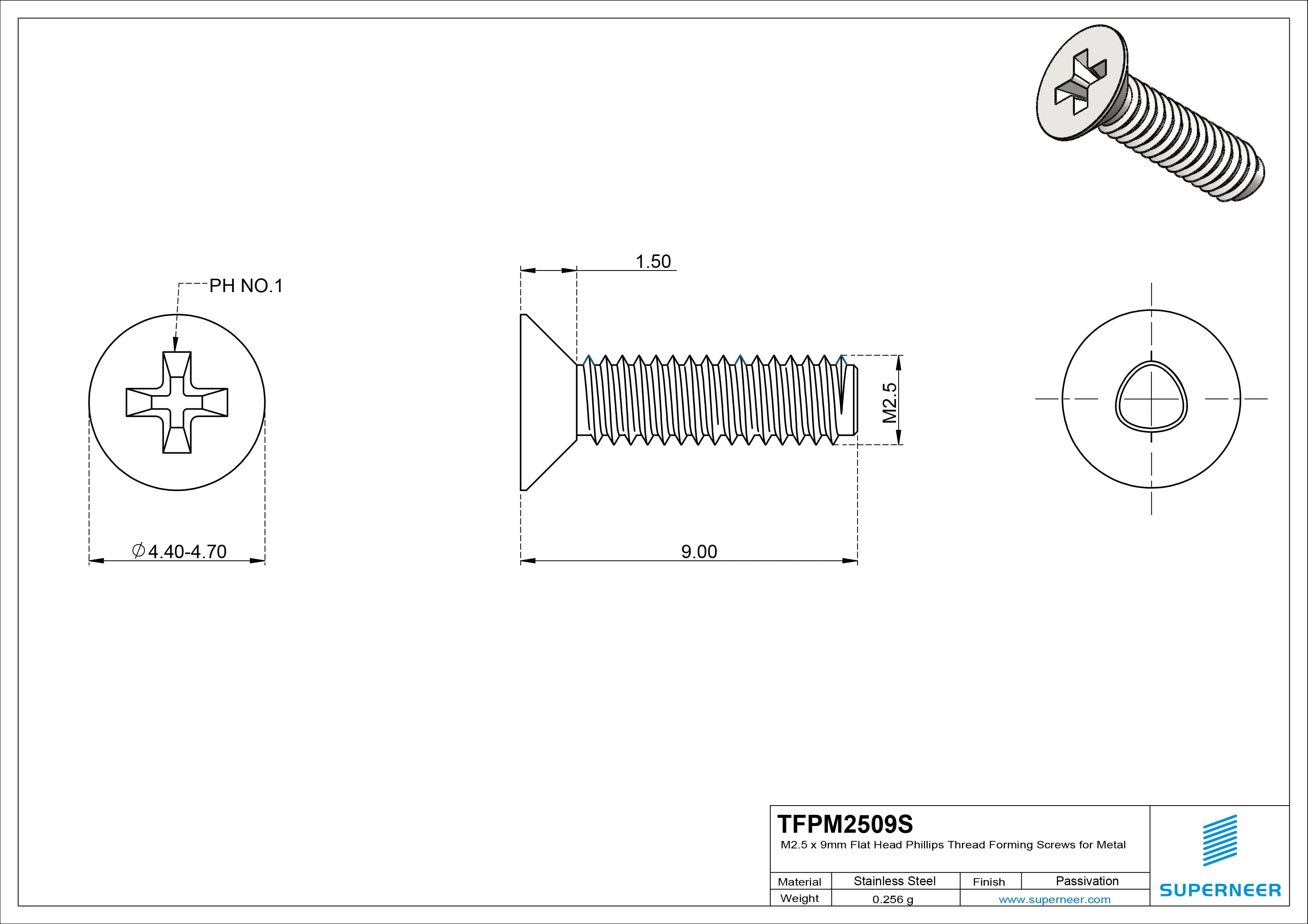 M2.5 × 9mm Flat Head Phillips Thread Forming Screws for Metal SUS304 Stainless Steel Inox